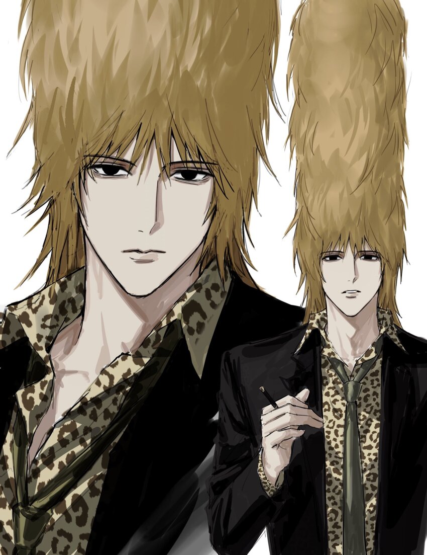 aged_up animal_print black_eyes blonde_hair closed_mouth collared_shirt hanazawa_teruki highres holding jacket leopard_print lips long_sleeves looking_at_viewer male_focus mob_psycho_100 necktie pale_skin parted_lips shirt simple_background sso_s tall_hair