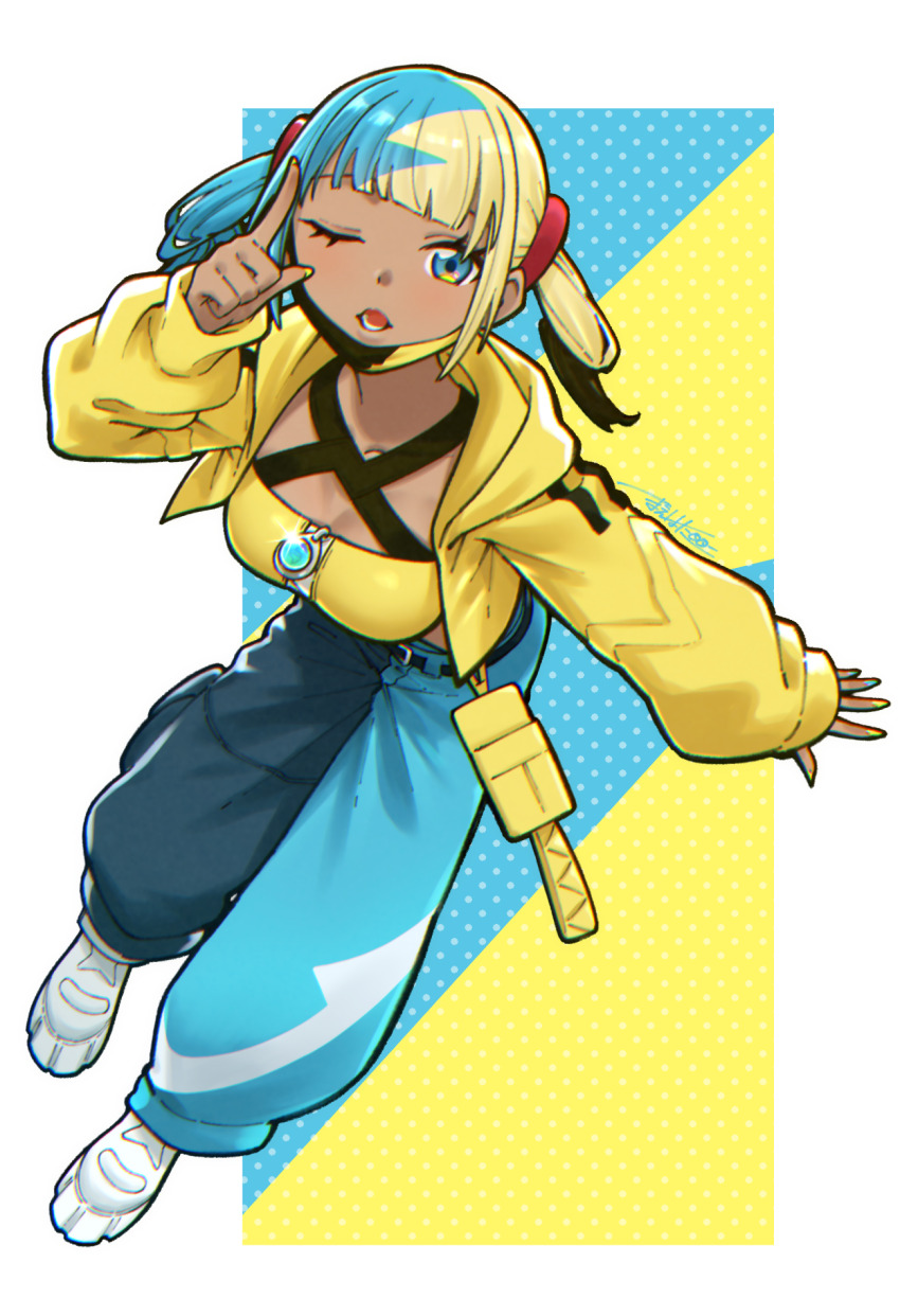 1girl ;o bandeau blue_eyes breasts canari_(pokemon) commentary_request eyelashes full_body hand_up highres hood hood_down hooded_jacket index_finger_raised jacket long_sleeves multicolored_hair nail_polish nintendo omeme_sinderuyo one_eye_closed open_clothes open_jacket open_mouth pants pokemon pokemon_legends:_z-a shoes solo twintails white_shoes yellow_bandeau yellow_jacket yellow_nails zipper zipper_pull_tab