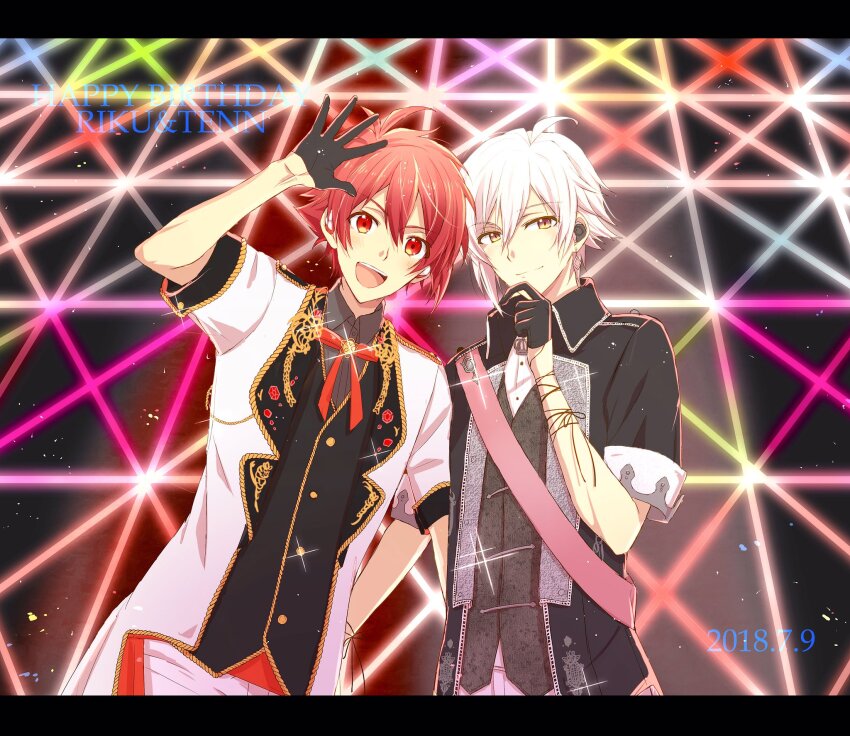 2boys ahoge antenna_hair arm_ribbon asymmetrical_hair black_border black_coat black_gloves black_ribbon black_vest border bow bowtie braid brooch brown_eyes buttons character_name closed_mouth coat collared_coat collared_shirt commentary_request cowboy_shot dated dress_shirt earbuds earphones english_text gleam gloves grey_shirt grey_vest hair_between_eyes half_gloves hand_on_own_chin hand_on_own_head hand_on_own_hip happy_birthday heads_together highres idolish7 jewelry kujou_tenn lapels letterboxed light_particles male_focus multiple_boys nanase_riku nau_(rg_sn79) notched_lapels open_clothes open_coat open_mouth outdoors pants pink_sash red_bow red_bowtie red_eyes red_hair ribbon sash shirt short_hair short_sleeves single_braid sleeve_cuffs smile spotlight stage standing teeth two-sided_coat two-sided_fabric upper_teeth_only vest white_coat white_hair white_pants white_shirt white_sleeve_cuffs