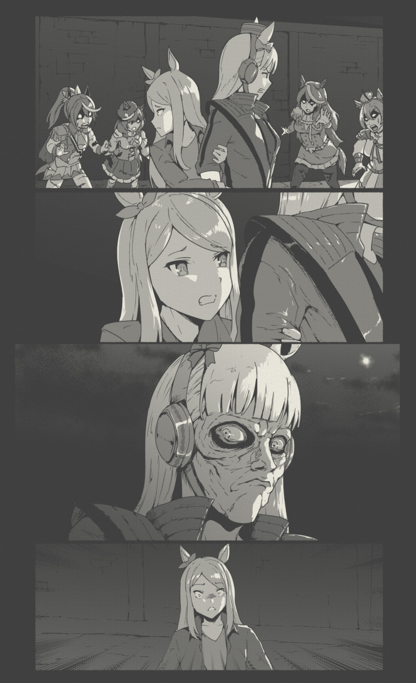 6+girls aiguillette animal_ears armor ascot blunt_bangs bow breasts clothing_cutout commentary corset cosplay crown dress ear_bow ear_ornament ear_piercing ear_ribbon ears_through_headwear english_commentary epaulettes gold_ship_(umamusume) greyscale hair_between_eyes hair_ornament hairclip hat highres holding_another&#039;s_arm horse_ears horse_girl horse_tail jacket leather leather_jacket long_hair long_sleeves looking_at_another matikanetannhauser_(panpaka_tiltott)_(umamusume) matikanetannhauser_(umamusume) medium_hair mejiro_mcqueen_(umamusume) michael_jackson michael_jackson_(cosplay) mini_crown monochrome moon multicolored_hair multiple_girls newsboy_cap night night_sky open_clothes open_jacket open_mouth pantyhose piercing pillbox_hat ponytail scene_reference shirt short_hair shoulder_armor shoulder_cutout side_cape single_epaulette skirt sky streaked_hair symboli_rudolf_(emperor&#039;s_path)_(umamusume) symboli_rudolf_(umamusume) t.m._opera_o_(o_sole_suo!)_(umamusume) t.m._opera_o_(umamusume) tail thriller_(michael_jackson) tilted_headwear tokai_teio_(peak_joy)_(umamusume) tokai_teio_(umamusume) two-tone_hair two-tone_skirt tyrone umamusume zombie