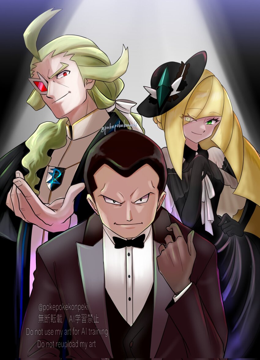 1girl 2boys black_bow black_bowtie black_coat black_dress black_eyes black_gloves black_hair black_hat black_vest blonde_hair bow bowtie brown_jacket capelet closed_mouth coat dress elbow_gloves eyelashes eyes_visible_through_hair ghetsis_(pokemon) giovanni_(pokemon) gloves green_eyes green_hair hair_over_one_eye hat highres jacket long_hair long_sleeves looking_at_another lusamine_(pokemon) monocle multiple_boys nintendo open_clothes open_coat pokemon pokemon_bw pokemon_frlg pokemon_sm pokepokekonpeki red_eyes short_hair smile twitter_username vest white_capelet