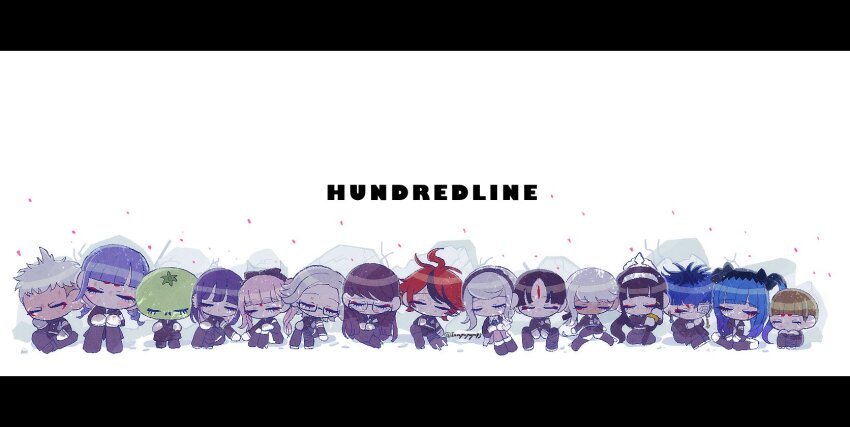6+boys 6+girls ahoge amemiya_darumi aotsuki_eito black_border black_hair blue_hair border braid braided_ponytail brown_hair chibi chibi_only closed_eyes full_body ginzaki_shouma glasses highres kawana_tsubasa kirifuji_nozomi last_defense_academy_school_uniform long_hair magadori_kyoshika maruko_gaku messy_hair mojiro_moko multicolored_hair multiple_boys multiple_girls omokage_yugamu oosuzuki_kurara pink_hair ponytail purple_hair red_hair shizuhara_hiruko simple_background sleeping sumino_takumi the_hundred_line_-last_defense_academy- title tsukumo_ima tsukumo_kako twin_braids twintails white_background white_hair yakushiji_takemaru