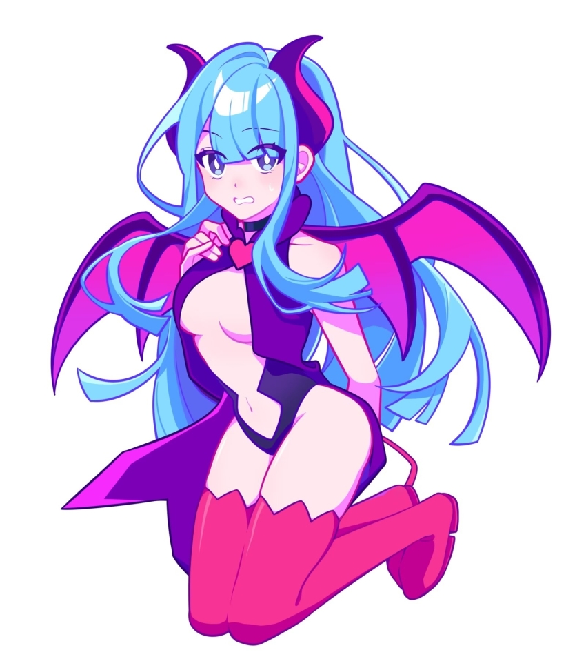 1girl black_leotard blue_eyes blue_hair boots breasts cape chinese_commentary clothing_cutout commentary_request demon_girl demon_horns demon_wings heart highres horns kneeling leotard long_hair looking_at_viewer marija_(little_devil)_(muse_dash) marija_(muse_dash) muse_dash navel official_alternate_costume purple_cape red_footwear simple_background thigh_boots very_long_hair wangtuoka white_background wings