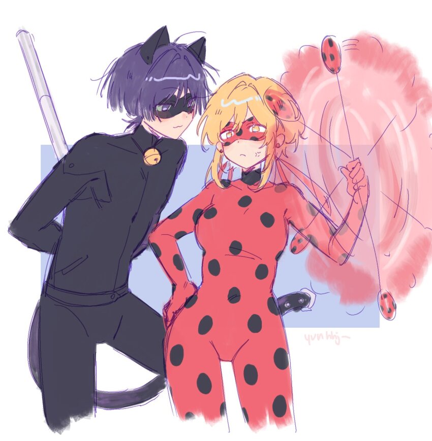 1boy 1girl adrien_agreste alternate_costume anger_vein animal_ears arms_behind_back black_bodysuit black_mask blonde_hair blunt_ends bodysuit cat_boy cat_ears cat_tail chat_noir chat_noir_(cosplay) closed_mouth contrapposto cosplay cropped_torso crotch domino_mask eye_mask fake_animal_ears genshin_impact hair_between_eyes hair_intakes hand_on_own_hip hand_up highres holding holding_pole ladybug_(character) ladybug_(character)_(cosplay) lumine_(genshin_impact) marinette_dupain-cheng mask miraculous_ladybug parody pole purple_eyes purple_hair red_bodysuit red_mask scaramouche_(genshin_impact) short_hair short_hair_with_long_locks sidelocks superhero_costume tail wanderer_(genshin_impact) white_background yellow_eyes yo-yo yunhhj