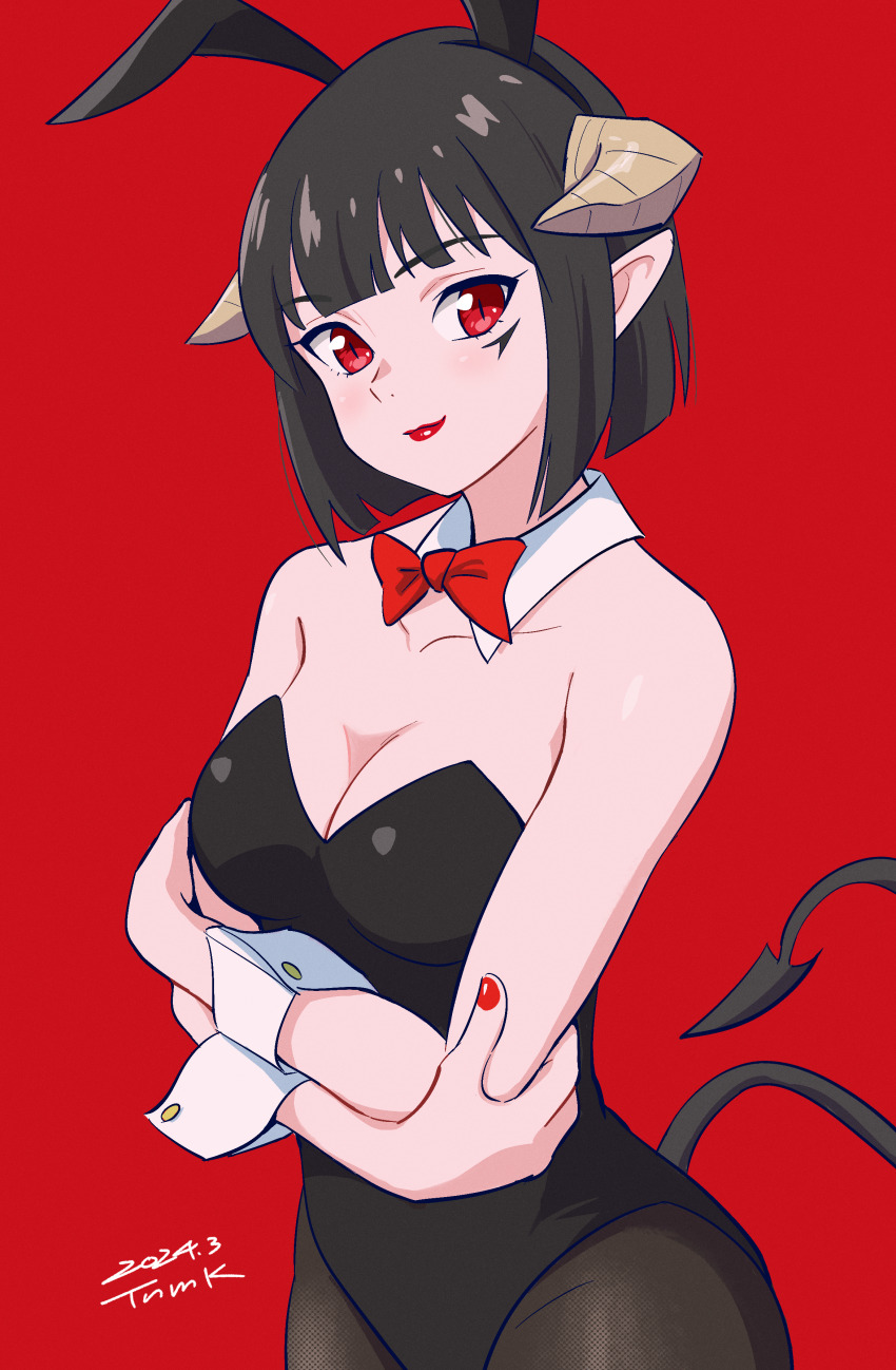 1girl absurdres animal_ears arms_under_breasts bare_shoulders black_hair black_leotard black_pantyhose bob_cut bow bowtie breasts cleavage closed_mouth collarbone demon_girl demon_horns demon_tail detached_collar facial_mark fake_animal_ears highres hime-sama_&quot;goumon&quot;_no_jikan_desu horns leotard looking_at_viewer medium_breasts nail_polish pantyhose playboy_bunny rabbit_ears red_background red_bow red_bowtie red_eyes red_lips red_nails short_hair slit_pupils smile solo strapless strapless_leotard tail torture_tortura tsunemoku upper_body white_wrist_cuffs wrist_cuffs