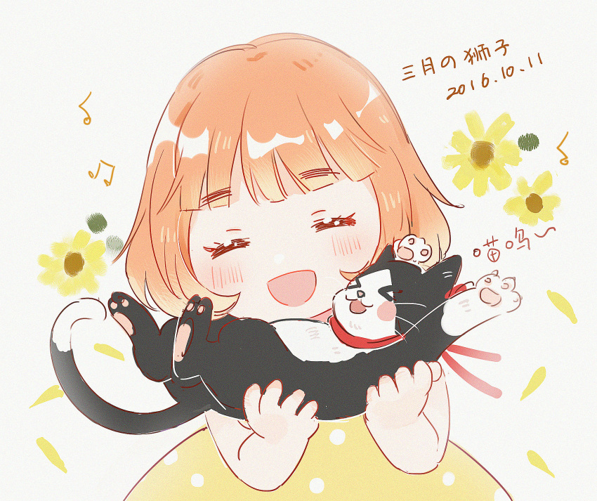 &gt;_&lt; 1girl 2016 :d ^_^ animal beamed_eighth_notes blunt_bangs blush blush_stickers bob_cut bowl_cut cat child closed_eyes commentary dress eighth_note eyelashes female_focus floral_background flower grey_background happy head_tilt highres holding holding_animal kawamoto_momo laughing leaf musical_note neck_ribbon nemuri_kaeru no_nose open_mouth orange_hair petals polka_dot polka_dot_dress red_ribbon ribbon sangatsu_no_lion simple_background smile solo sunflower translation_request upper_body yellow_dress yellow_flower
