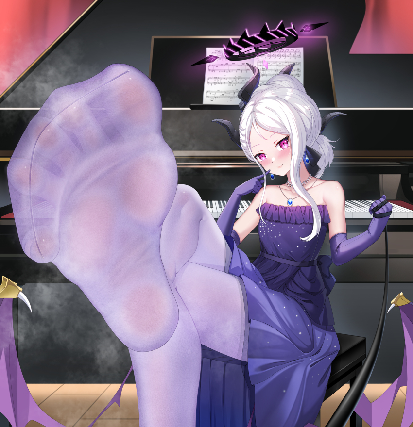 1girl absurdres blue_archive blush crossed_legs dress elbow_gloves feet toes gloves highres hina_(blue_archive) hina_(dress)_(blue_archive) holding holding_leash instrument leash light_smile long_hair looking_at_viewer pantyhose piano pov purple_eyes purple_pantyhose reiku09 soles steam toes viewer_on_leash white_hair
