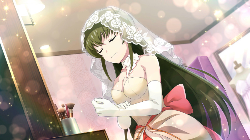 1girl blurry bow bridal_veil closed_eyes closed_mouth cosmetics cowboy_shot depth_of_field dress dutch_angle elbow_gloves game_cg gloves green_hair hand_on_own_wrist highres higurashi_no_naku_koro_ni higurashi_no_naku_koro_ni_mei indoors kimiyoshi_natsumi lens_flare light_particles long_hair mannequin non-web_source official_art pink_bow sidelocks sitting solo sparkle strapless strapless_dress u_u veil wedding_dress white_dress white_gloves