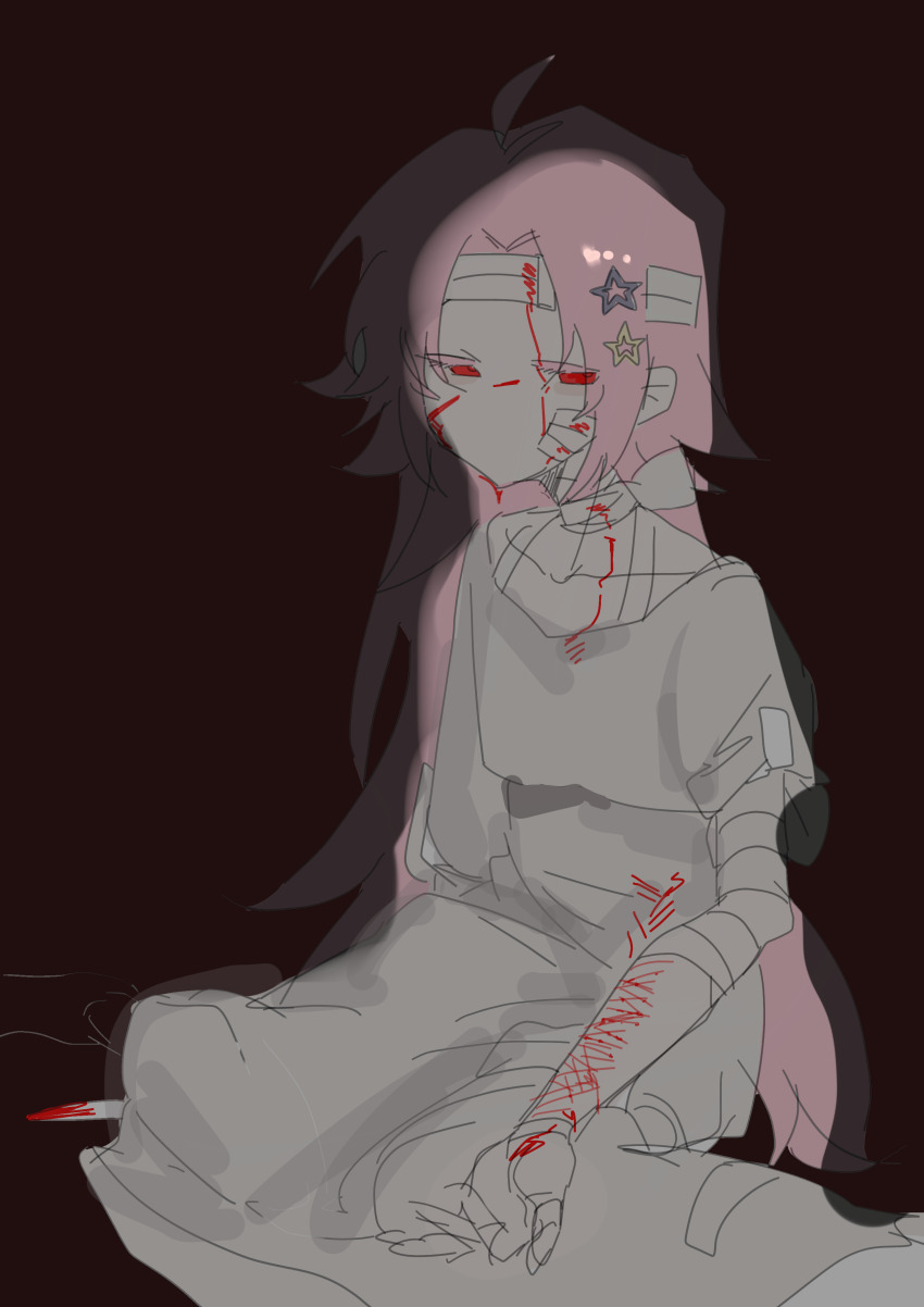 absurdres ahoge bandage_on_cheek bandaged_arm bandaged_head bandages blood blood_on_arm blood_on_face bloody_bandages bloody_knife chinese_commentary colored_eyelashes commentary_request curtained_hair dress gao_tongren_wanjiebufu hair_ornament hatsutori_hajime highres knife long_hair male_focus no_mouth no_nose parted_bangs pink_hair red_background red_eyes saibou_shinkyoku self-harm self-harm_scar short_sleeves simple_background sitting sketch star_(symbol) star_hair_ornament trap white_dress