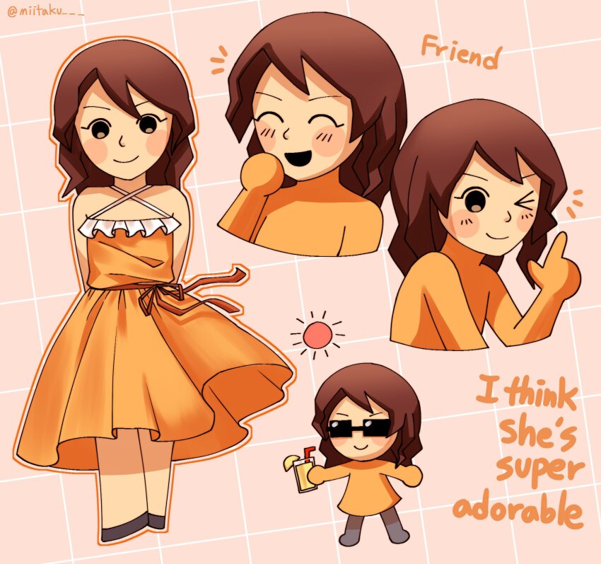 1girl arms_behind_back blush blush_stickers brown_eyes brown_hair character_name chibi closed_mouth cup dress drinking_straw dummy_girl_(mii) english_text happy highres long_hair looking_at_viewer medium_hair mii_(nintendo) miitaku mob_face multiple_views nintendo one_eye_closed open_mouth orange_dress orange_shirt shirt smile sun sunglasses thumbs_up twitter_username