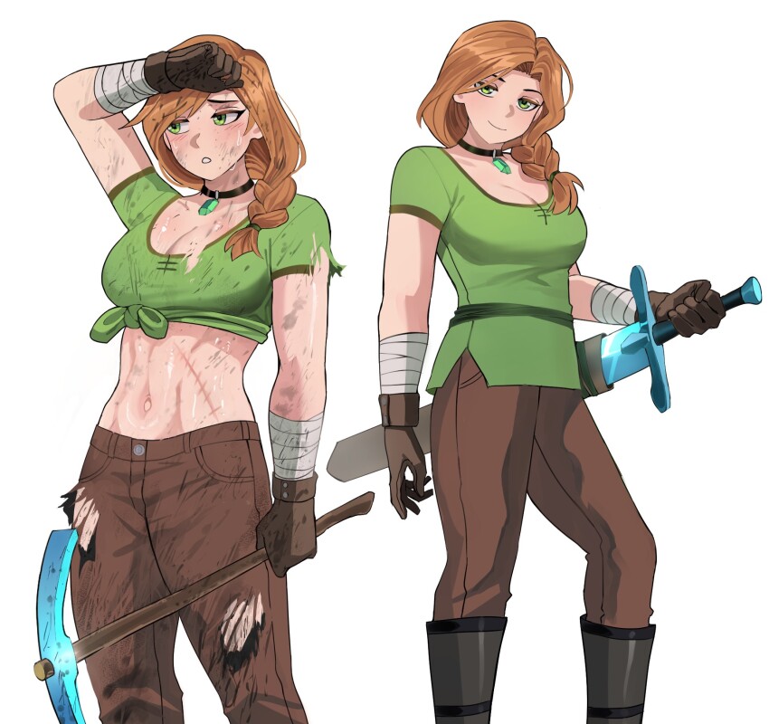 1girl alex_(minecraft) arm_up bandaged_arm bandages black_boots boots braid breasts brown_gloves brown_pants choker cleavage commentary dirty dirty_clothes dirty_face exhausted feet_out_of_frame gem gloves green_eyes green_gemstone green_shirt hair_over_shoulder half-closed_eyes highres holding holding_pickaxe holding_sword holding_weapon jourd4n knee_boots large_breasts looking_at_viewer looking_to_the_side medium_hair midriff minecraft multiple_views navel orange_hair pants pendant_choker pickaxe scar sheath sheathed shirt simple_background single_braid smile standing straight_hair sweat sword three_quarter_view toned toned_female torn_clothes torn_pants torn_shirt weapon white_background
