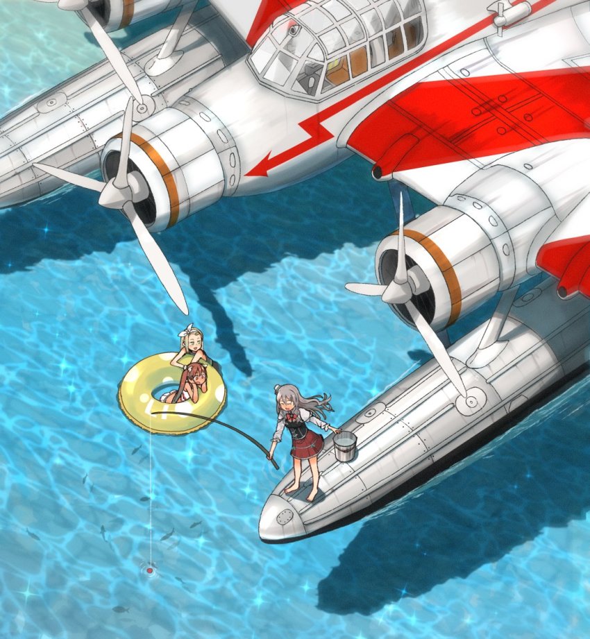 3girls aircraft airplane annin_musou barefoot black_corset blonde_hair blush bodice brown_eyes brown_hair bucket cant_z.506_airone closed_eyes commentary_request corset fishing_rod floatplane flying_boat from_above green_eyes grey_hair hair_between_eyes hairband highres holding holding_bucket holding_fishing_rod i-504_(kancolle) innertube kantai_collection libeccio_(kancolle) long_hair long_sleeves luigi_torelli_(kancolle) miniskirt multiple_girls ocean open_mouth pleated_skirt pola_(kancolle) red_shirt red_skirt seaplane shirt short_hair skirt smile swim_ring twintails vehicle_focus water wavy_hair white_hairband white_shirt