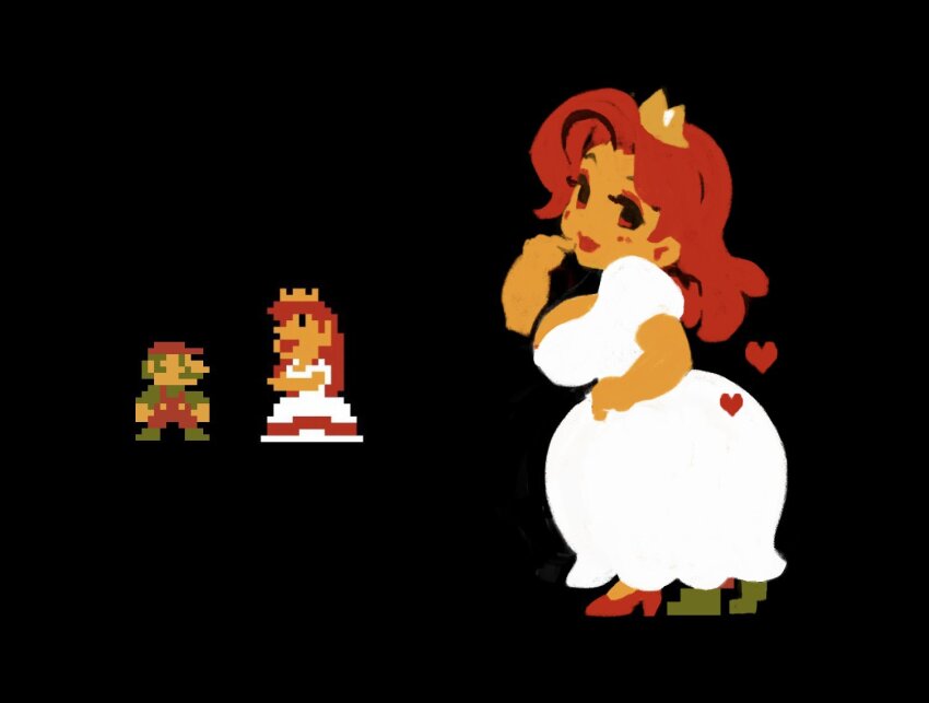1boy 1girl bare_arms black_background blush boots breasts chimjoljol_(cute_goblin) colored_skin commentary crown dress english_commentary eyeshadow facial_hair full_body hat heart huge_breasts implied_anilingus long_hair makeup mario mario_(series) mustache nintendo official_alternate_color official_alternate_costume overalls parted_bangs pixel_art princess_peach princess_toadstool_redraw_(meme) puffy_short_sleeves puffy_sleeves red_eyes red_eyeshadow red_hair red_hat red_lips red_overalls redrawn sexually_suggestive short_sleeves sideboob smile super_mario_bros._1 tareme thick_lips under_skirt very_long_hair white_dress