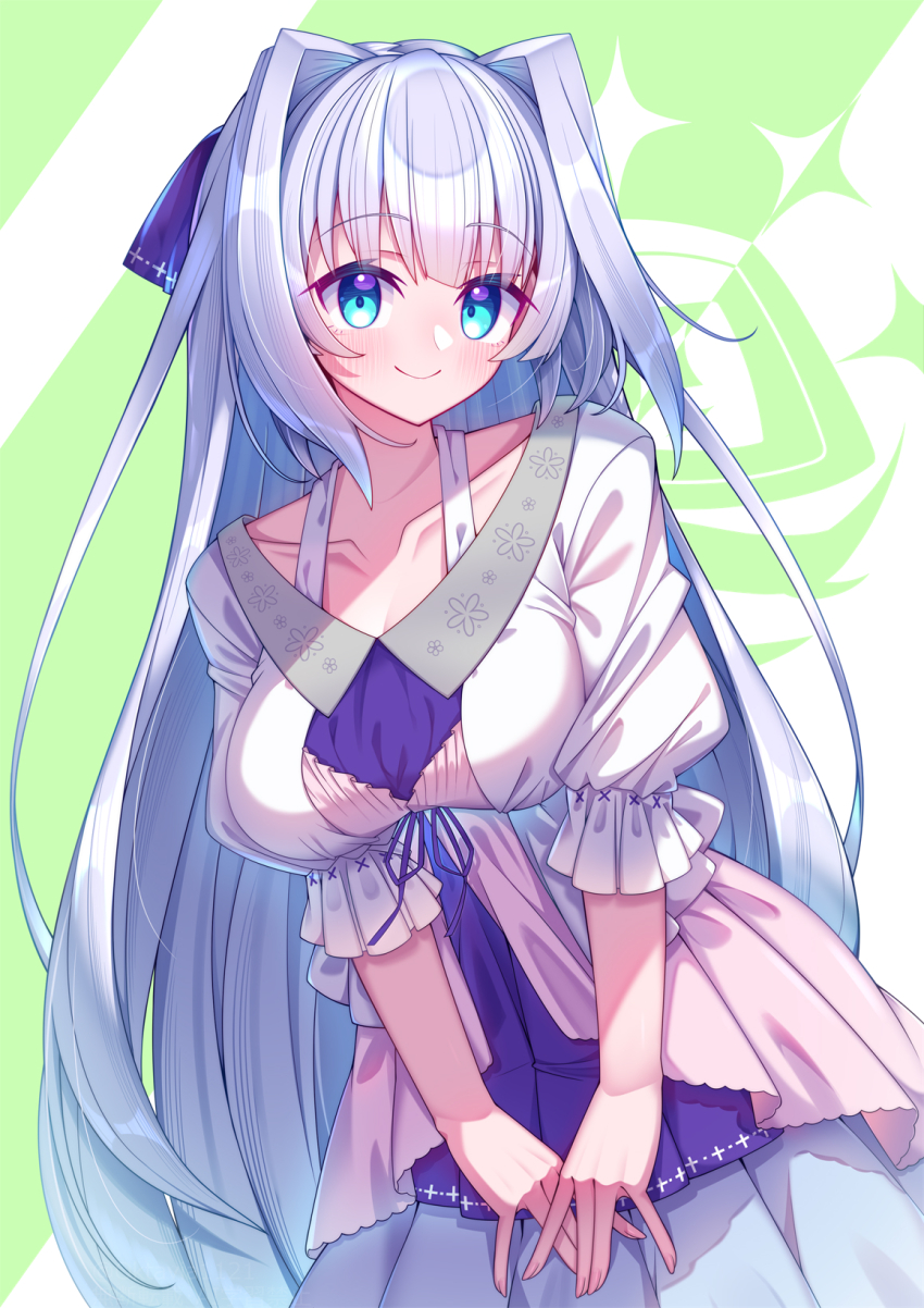 1girl 9-nine- blue_dress blue_eyes blue_hair blue_ribbon blunt_bangs blush breasts casual cleavage closed_mouth collarbone commentary_request cowboy_shot dress dutch_angle eyes_visible_through_hair green_background hair_intakes hair_ribbon happy highres kousaka_haruka large_breasts long_hair looking_at_viewer mate_(oktavia1121) multicolored_dress puffy_short_sleeves puffy_sleeves ribbon short_sleeves simple_background smile solo straight_hair two-tone_background very_long_hair white_background