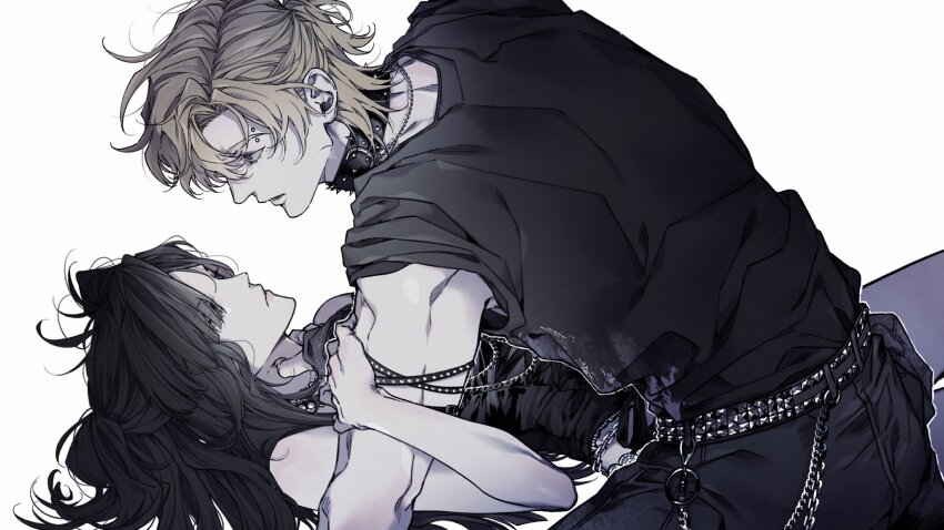 1boy 1girl black_collar black_hair black_pants black_vest blonde_hair collar degrees_of_lewdity eyebrow_piercing highres looking_at_another owhe6xinjl66160 pants piercing player_character_(degrees_of_lewdity) player_character_(female)_(degrees_of_lewdity) simple_background vest white_background whitney_(degrees_of_lewdity) whitney_(male)_(degrees_of_lewdity)