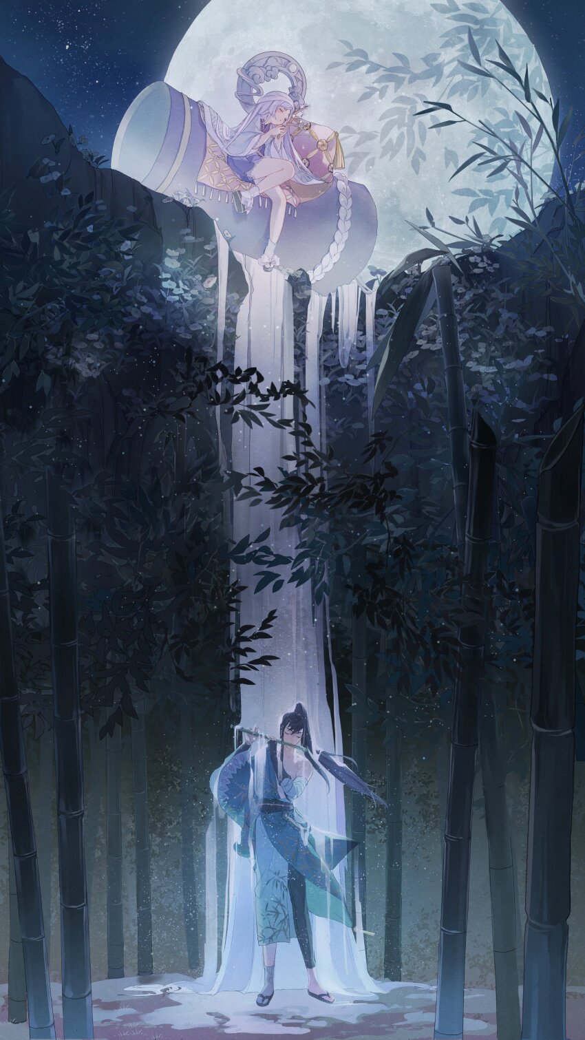 1boy 1girl absurdly_long_hair absurdres anna_(avona) asymmetrical_clothes asymmetrical_legwear bamboo bamboo_forest bandaged_arm bandages black_footwear black_hair black_pants black_sash blanket blue_kimono blue_sleeves bow closed_eyes commentary detached_sleeves english_commentary flute flying footwear_bow forest full_body full_moon geta hair_flowing_over haori high_ponytail highres holding holding_instrument instrument japanese_clothes kaguya_hime kimono lace lace-trimmed_kimono lace-trimmed_sleeves lace_trim leaf_print leaning_on_object light_blush long_hair long_sleeves mannendake_(onmyoji) mixed-language_commentary moon music nature night night_sky obi onmyoji open_clothes open_robe outdoors own_hands_together pants parted_lips pillow playing_instrument ponytail purple_kimono robe sandals sash short_kimono side_slit single_pantsleg single_sock sitting sky sleeping socks star_(sky) starry_sky straight_hair tabi very_long_hair white_bow white_hair white_robe white_sleeves white_socks wide_sleeves zouri