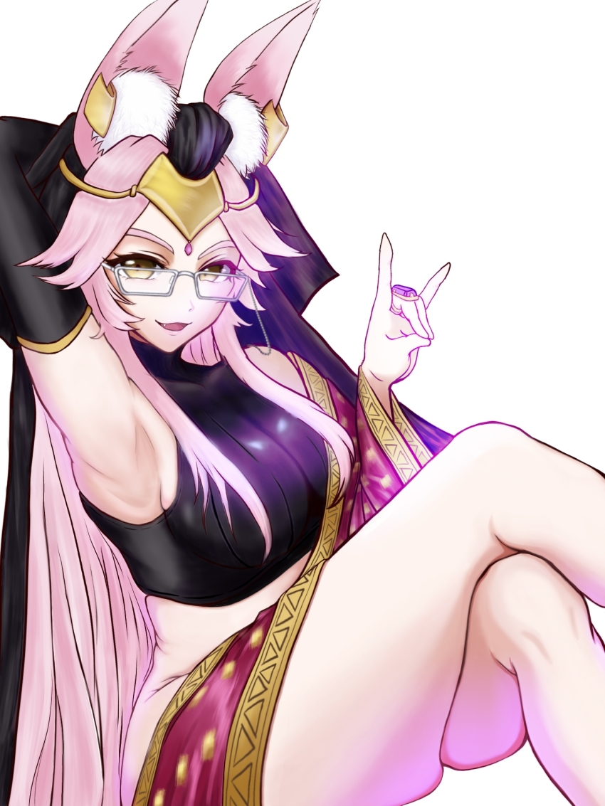1girl animal_ears armpits crossed_legs fate/grand_order fate_(series) glasses highres koyanskaya_(indian_lostbelt_outfit)_(fate) official_alternate_costume pink_hair simple_background solo tamamo_(fate) tiara3noel3 white_background yellow_eyes