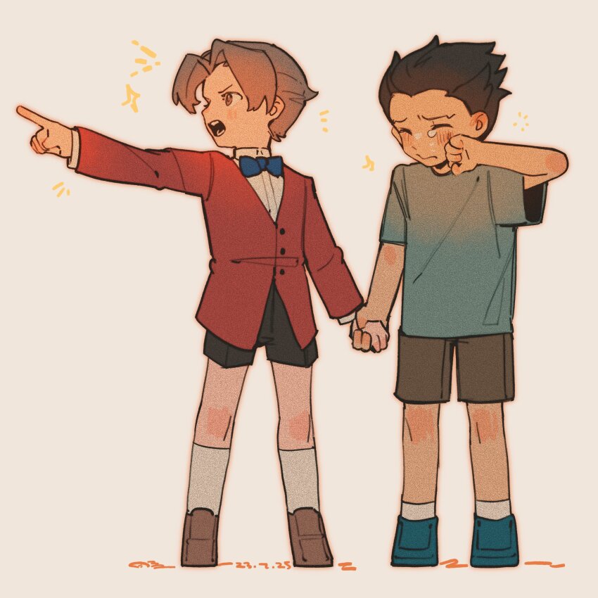 2boys a_yue_huaite ace_attorney aged_down black_shorts blue_bow blue_bowtie blue_shirt blue_shoes blush bow bowtie brown_eyes brown_hair brown_shoes brown_shorts buttons child closed_eyes closed_mouth collared_shirt commentary crying curtained_hair dated english_commentary full_body grey_background grey_hair highres holding_hands jacket layered_sleeves long_sleeves looking_ahead male_focus miles_edgeworth multiple_boys open_mouth phoenix_wright red_jacket shirt shoes short_hair short_sleeves shorts socks sparkle standing suit_jacket t-shirt tears tooth white_shirt white_socks widow&#039;s_peak