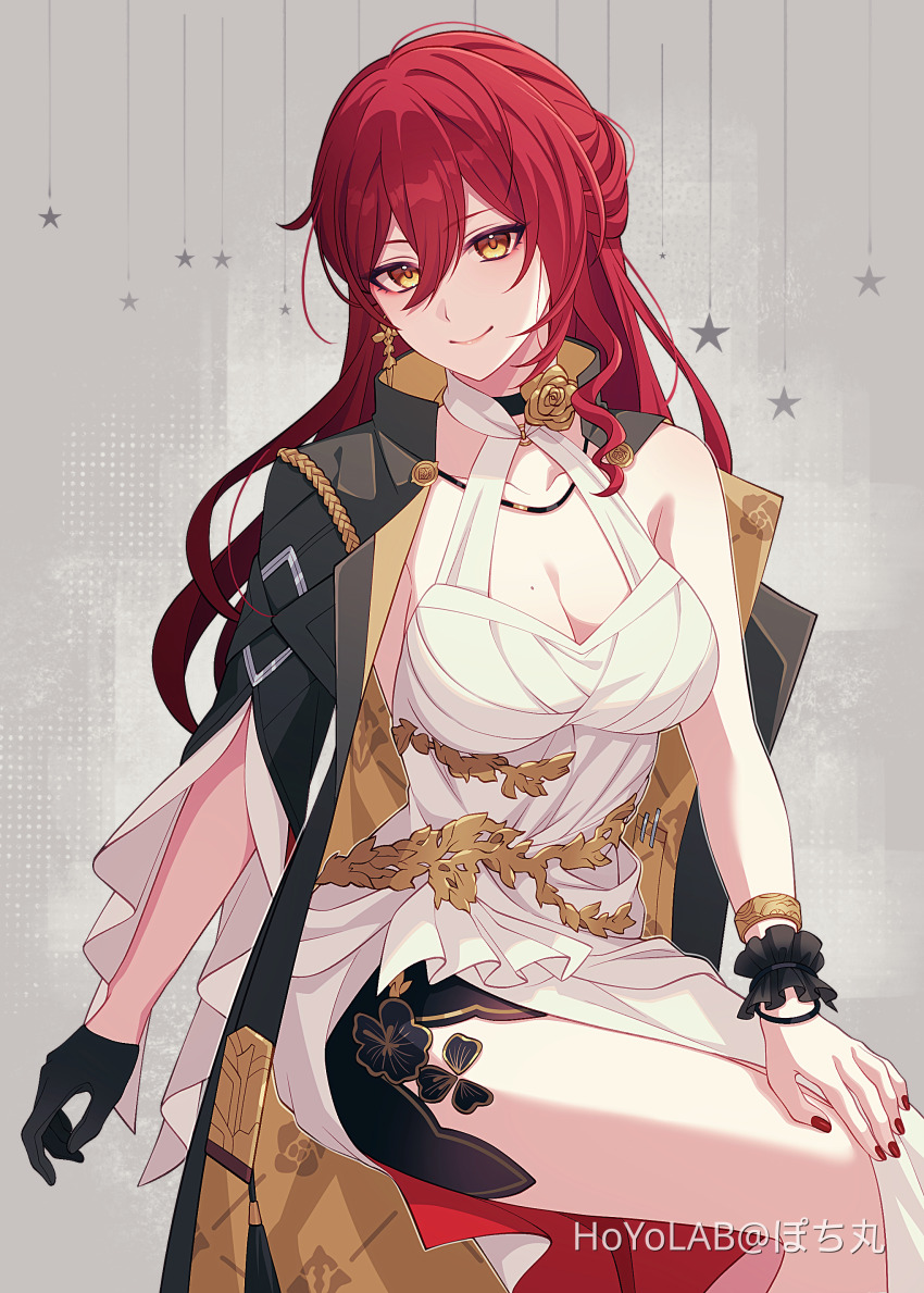 1girl absurdres black_coat black_gloves black_scrunchie breasts cleavage closed_mouth coat coat_on_shoulders dress gloves hair_between_eyes highres himeko_(honkai:_star_rail) honkai:_star_rail honkai_(series) long_hair looking_at_viewer mole mole_on_breast pochimaru_(marumaru_wanwan) red_hair red_nails scrunchie single_bare_shoulder single_glove sitting smile solo white_dress wrist_scrunchie
