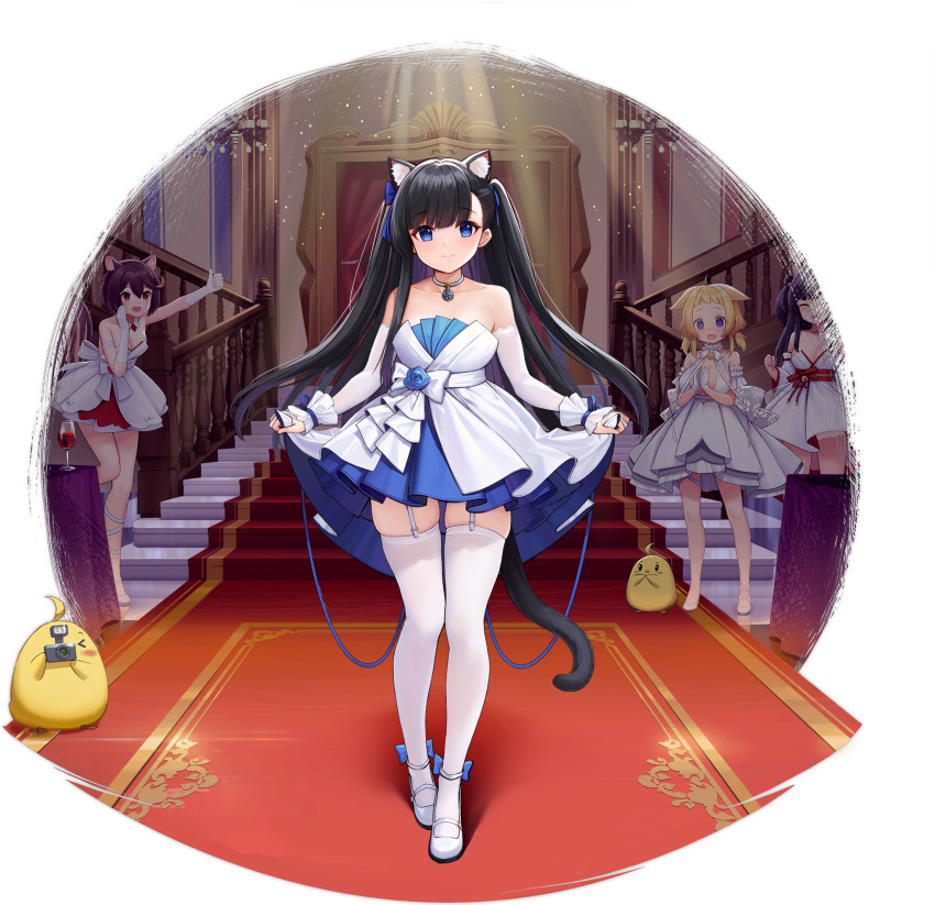 &gt;_&lt; 4girls allenes animal_ear_fluff animal_ears ariake_(azur_lane) ariake_(unending_friendship)_(azur_lane) ariake_(unending_friendship)_(azur_lane) azur_lane black_hair blue_bow blue_dress blue_eyes bow breasts cat_ears cat_girl cat_tail detached_sleeves dress evening_gown garter_straps hair_bow hatsuharu_(azur_lane) hatsuharu_(hatsuharu_in_the_limelight)_(azur_lane) highres layered_dress long_hair looking_at_viewer manjuu_(azur_lane) medium_breasts multiple_girls official_alternate_costume official_art red_carpet skindentation strapless strapless_dress tail transparent_background two-tone_dress wakaba_(azur_lane) white_dress white_footwear wrist_cuffs yuugure_(azur_lane) yuugure_(evening_flower)_(azur_lane)