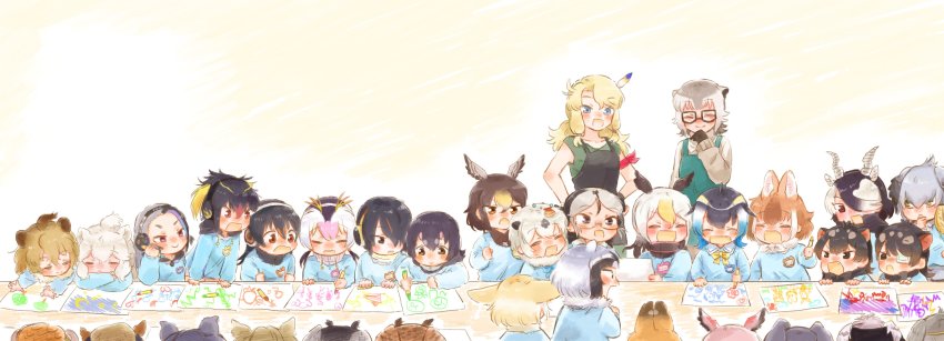 6+girls absurdres african_elephant_(kemono_friends) aged_down alternate_costume animal_ears antelope_ears antelope_horns apron arm_ribbon armadillo_ears australian_devil_(kemono_friends) bald_eagle_(kemono_friends) big_hair bird_wings black_apron black_gloves black_hair black_neckwear black_rhinoceros_(kemono_friends) blackbuck_(kemono_friends) blonde_hair blowhole blue_apron blue_eyes blush bow bowtie brown_hair brown_neckwear calenda_(kemono_friends) california_sea_lion_(kemono_friends) californian_sea_otter_(kemono_friends) child circlet closed_eyes collared_shirt commentary_request common_dolphin_(kemono_friends) common_raccoon_(kemono_friends) crayon crossed_arms dhole_(kemono_friends) dog_ears dog_girl dorsal_fin drawing elephant_ears emperor_penguin_(kemono_friends) eurasian_eagle_owl_(kemono_friends) extra_ears eyepatch fang fennec_(kemono_friends) fingerless_gloves fox_ears fur_collar gentoo_penguin_(kemono_friends) giant_armadillo_(kemono_friends) giant_pangolin_(kemono_friends) giant_penguin_(kemono_friends) glasses gloves greater_flamingo_(kemono_friends) greater_rhea_(kemono_friends) green_eyes grey_hair hair_between_eyes hair_over_one_eye hair_tie hair_tubes head_wings headphones highres humboldt_penguin_(kemono_friends) kemono_friends kemono_friends_3 kindergarten_uniform lion_(kemono_friends) lion_ears lion_girl long_hair long_sleeves medical_eyepatch meerkat_(kemono_friends) meerkat_ears moeki_(moeki0329) multicolored_hair multiple_girls name_tag necktie northern_goshawk_(kemono_friends) northern_white-faced_owl_(kemono_friends) open_mouth orange_hair ostrich_(kemono_friends) otter_ears otter_girl pangolin_ears pink_hair raccoon_ears red_eyes rhinoceros_ears ribbon rockhopper_penguin_(kemono_friends) royal_penguin_(kemono_friends) sailor_collar serval_(kemono_friends) shirt shoebill_(kemono_friends) short_hair short_twintails sleeping smile sweater t-shirt tasmanian_devil_(kemono_friends) tasmanian_devil_ears translated twintails white_hair white_rhinoceros_(kemono_friends) wings yellow_neckwear