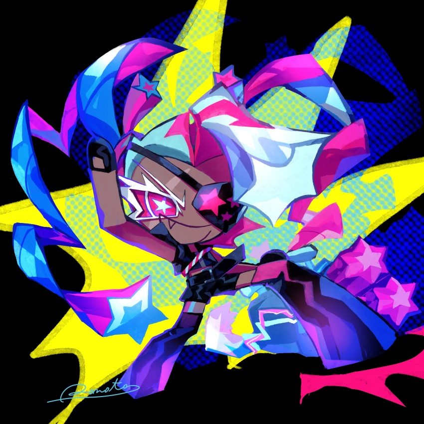 1girl :d artist_name bad_id bad_pixiv_id bare_shoulders belt black_background black_belt black_boots black_gloves black_jacket black_shorts blue_hair boots bright_pupils colored_eyelashes colored_inner_hair colored_sclera cookie_run cookie_run:_kingdom dark-skinned_female dark_skin drill_hair eyepatch fang full_body gloves highres inactive_account jacket legs_apart long_hair multicolored_hair one_eye_covered open_clothes open_jacket open_mouth pink_eyes pink_hair pink_sclera rn9j short_shorts shorts simple_background sleeveless sleeveless_jacket smile solo standing star-shaped_pupils star_(symbol) star_print streaked_hair symbol-shaped_pupils thigh_boots twin_drills twizzly_gummy_cookie two-tone_hair very_dark_skin very_long_hair white_eyelashes white_pupils yellow_background