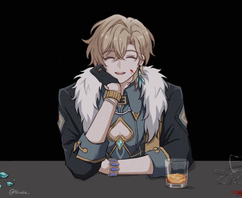 1boy :d ^_^ alcohol aqua_shirt artist_name aventurine_(honkai:_star_rail) black_background black_collar black_gloves black_jacket blonde_hair blood blood_on_face bracelet broken_cup broken_glass cleavage_cutout closed_eyes clothing_cutout collar collared_shirt commentary counter crossed_bangs cup drinking_glass earrings elbow_rest fur-trimmed_jacket fur_trim glass gloves hair_between_eyes half_gloves head_rest highres honkai:_star_rail honkai_(series) ice ice_cube jacket jewelry long_sleeves male_focus neck_tattoo nirvelia open_clothes open_jacket open_mouth parted_bangs ring rocks_glass shirt short_hair simple_background single_earring sleeves_rolled_up smile solo symbol-only_commentary tattoo teeth tumbler_glass twitter_username upper_body upper_teeth_only watch wing_collar wristwatch