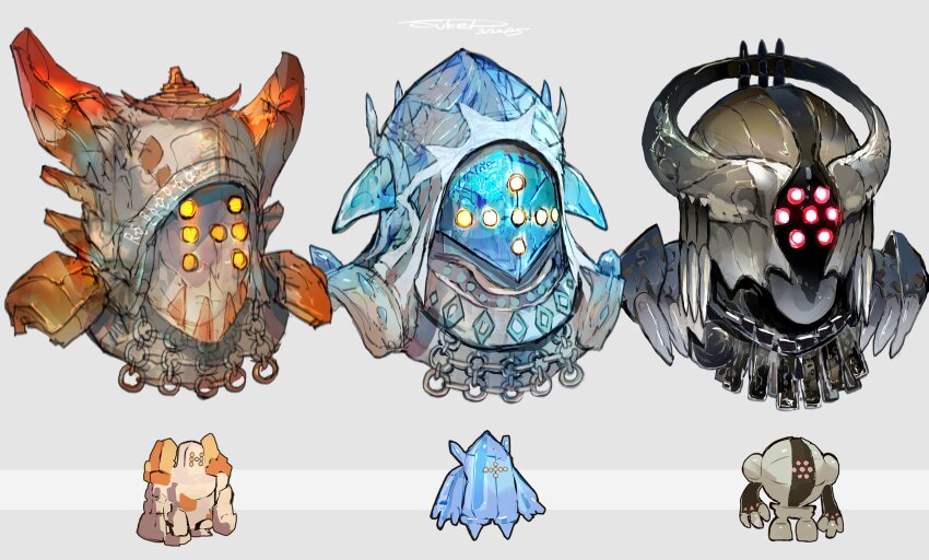 absurdres extra_eyes fake_horns game_freak gen_3_pokemon glowing glowing_eyes grey_background helmet highres horned_helmet horns legendary_pokemon nintendo no_humans objectification pokemon pokemon_(creature) red_eyes regice regirock registeel simple_background sukepmonster yellow_eyes
