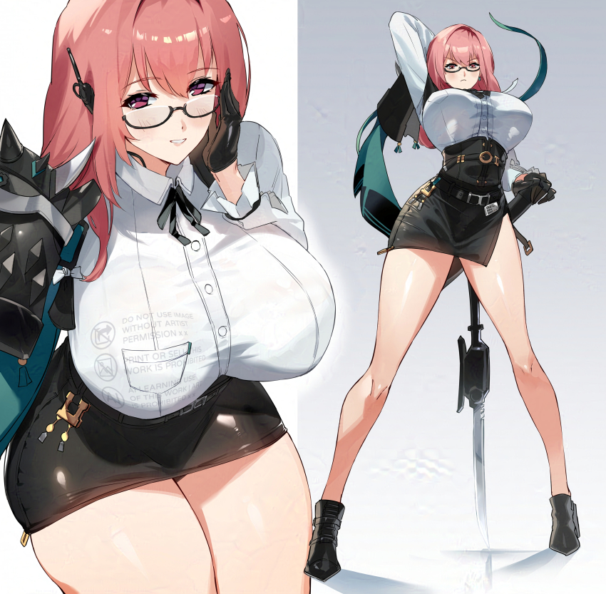 1girl absurdres black-framed_eyewear black_gloves black_skirt blush breasts commentary_request full_body glasses gloves gradient_background grey_background highres holding holding_weapon large_breasts long_hair looking_at_viewer multiple_views negresco parted_lips pink_hair purple_eyes semi-rimless_eyewear shirt skirt smile standing tsukishiro_yanagi under-rim_eyewear weapon white_shirt zenless_zone_zero
