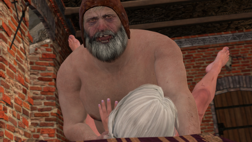 1boy 1girl 3d abs absurdres acfz8232 age_difference baron_phillip_strenger beard boy_on_top ciri completely_nude facial_hair green_eyes hetero highres lying missionary mustache nude old old_man open_mouth red_headwear scar scar_across_eye scar_on_face sex the_witcher_(series) the_witcher_3 white_hair