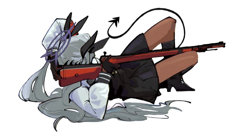 1girl black_boots black_gloves black_skirt blue_archive bolt_action boots dark-skinned_female dark_skin demon_tail from_side full_body gloves grey_hair gun halo highres holding holding_gun holding_weapon iori_(blue_archive) kinzaibatsu91 long_hair long_sleeves lying mauser_98 on_back purple_halo rifle shirt simple_background skirt solo tail twintails weapon white_background white_shirt