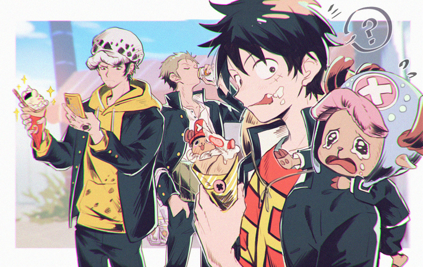 :p ? antlers_through_headwear closed_eyes cream cream_on_face crepe crying crying_with_eyes_open drinking food food_on_face fur_hat gakuran green_hair hand_in_pocket hat holding holding_crepe holding_food hood hoodie long_sleeves male_focus monkey_d._luffy multiple_boys one_piece outdoors roronoa_zoro school_uniform short_hair taking_picture tears tongue tongue_out tony_tony_chopper trafalgar_law yellow_eyes yellow_hoodie yurichi_(artist)