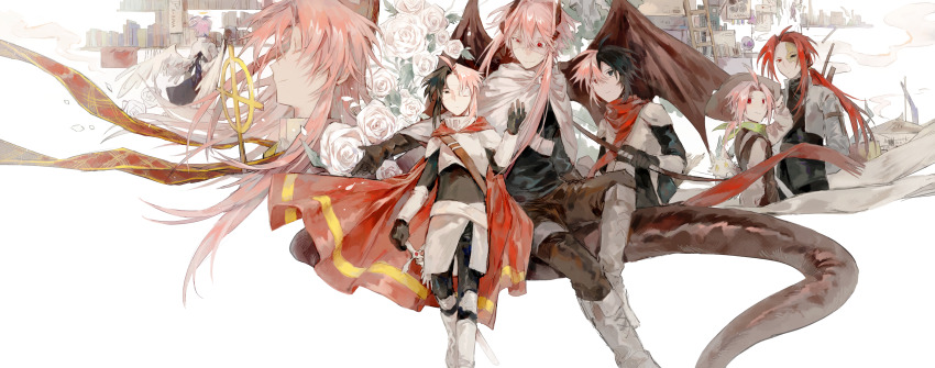 6+boys absurdres ahoge alternate_costume black_eyes black_gloves black_hair black_shirt bookshelf boots brown_gloves brown_hat brown_pants brown_vest brown_wings cape chinese_commentary closed_mouth colored_eyelashes commentary_request cropped_jacket curtained_hair dita_iliner dragon_boy dragon_horns dragon_tail dragon_wings earrings eigha_iliner expressionless eyepatch flower gloves godzylla_(saibou_shinkyoku) green_scarf grey_boots grey_jacket grey_shirt halo hand_up hat hatsutori_hajime highres holding holding_sword holding_weapon horns jacket jewelry lei_renqun_xing_shanyao_shi long_hair long_sleeves male_focus medical_eyepatch multicolored_hair multiple_boys mutsushika_misumi nanami_izu nijou_ryuu open_clothes open_jacket pants parted_bangs pink_hair red_cape red_eyes red_hair red_scarf rose saibou_shinkyoku scarf shirt short_hair short_hair_with_long_locks smile split-color_hair sword tail theodore_riddle two-tone_hair uneven_eyes vest weapon white_cape white_flower white_rose white_wings wings