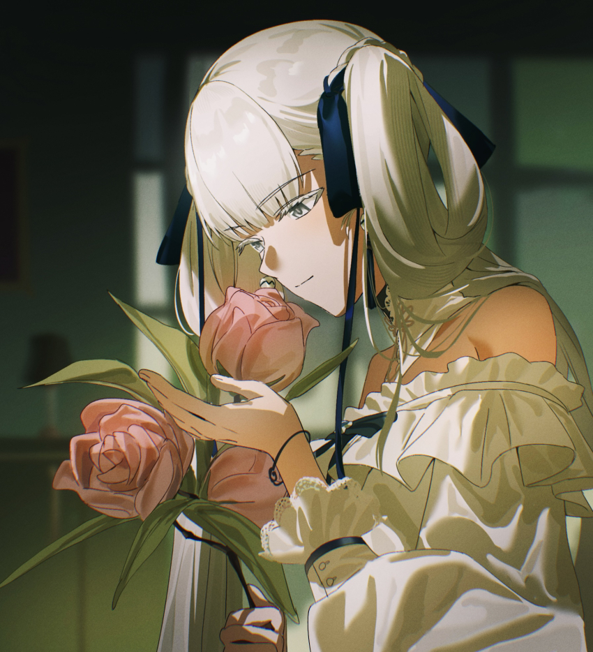 1girl bare_shoulders blue_bow blurry blurry_background bow closed_mouth collar colored_eyelashes commentary detached_collar english_commentary flower from_side hair_bow highres holding holding_flower indoors jinhsi_(wuthering_waves) light_smile long_hair looking_at_flowers nakmini off-shoulder_shirt off_shoulder revision shirt smelling smelling_flower solo white_collar white_eyelashes white_eyes white_hair white_shirt wuthering_waves