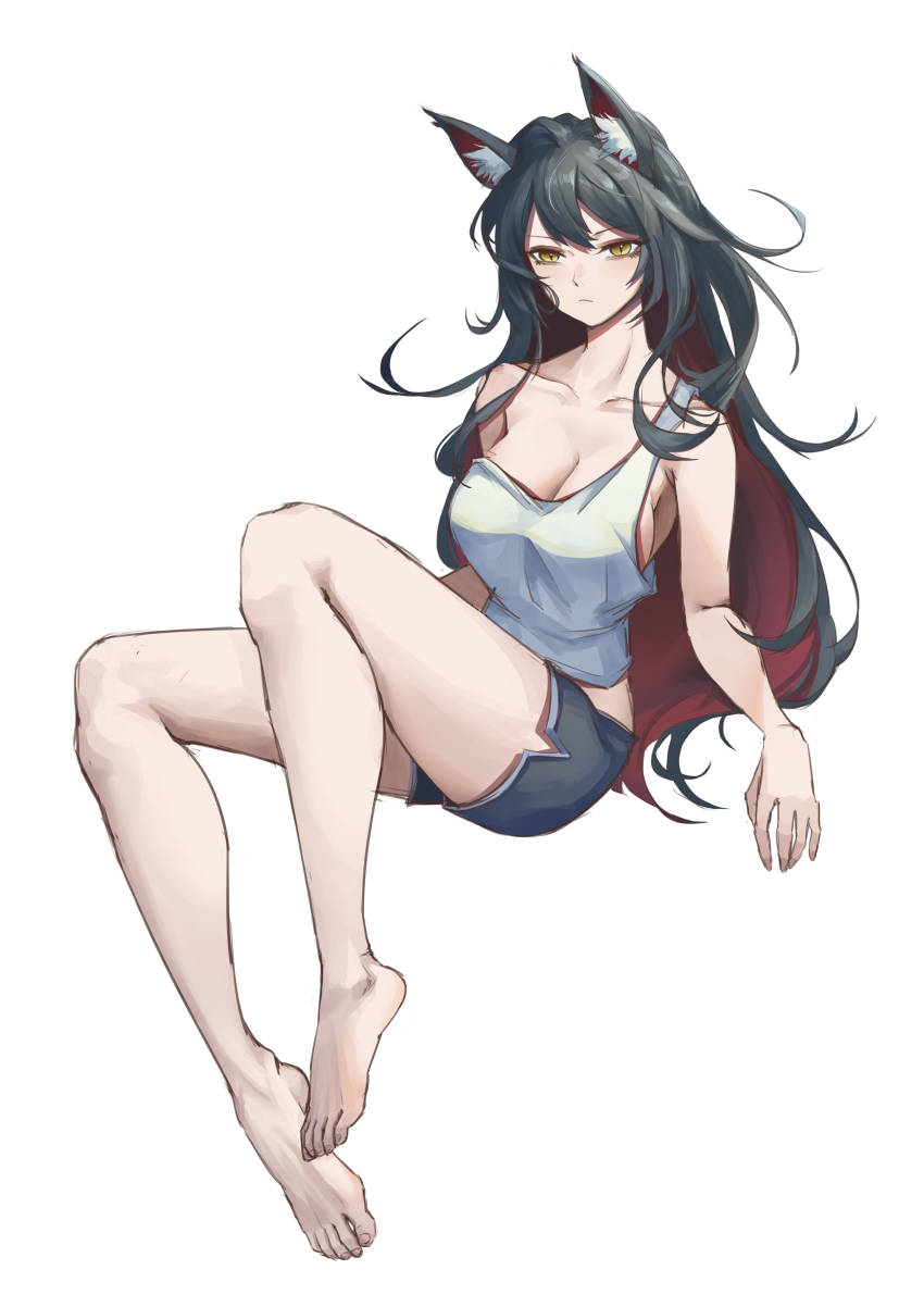 1girl absurdres animal_ears bare_legs barefoot black_hair black_shorts breasts cat_ears cleavage closed_mouth collarbone commentary cy9 feet full_body highres legs long_hair looking_at_viewer medium_breasts original shirt shorts solo toes white_background white_shirt yellow_eyes