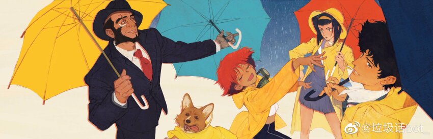 2boys 2girls absurdres bald beard bike_shorts black_hair black_hat black_necktie black_shorts black_suit blue_umbrella blush_stickers brown_eyes business_suit cigarette closed_eyes collar collarbone collared_coat collared_shirt commentary cowboy_bebop creamyghost crop_top dancing dark_skin dog edward_wong_hau_pepelu_tivrusky_iv ein_(cowboy_bebop) english_commentary facial_hair faye_valentine fedora formal_clothes goggles grin hair_behind_ear hair_between_eyes hairband hand_on_own_hip hat high_collar highres holding holding_umbrella jacket jet_black light_smile lipstick long_sleeves looking_at_another looking_at_viewer looking_back looking_down looking_to_the_side looking_up makeup mechanical_arms medium_hair multiple_boys multiple_girls necktie open_clothes open_jacket open_mouth prosthesis prosthetic_arm prosthetic_hand purple_hair rain raincoat red_hair red_necktie red_umbrella scar scar_across_eye scar_on_face shirt shorts singin&#039;_in_the_rain single_mechanical_arm smile smoking spike_spiegel standing suit tomboy tongue tongue_out umbrella upper_body welsh_corgi white_background white_collar white_shirt yellow_hairband yellow_hat yellow_raincoat yellow_umbrella