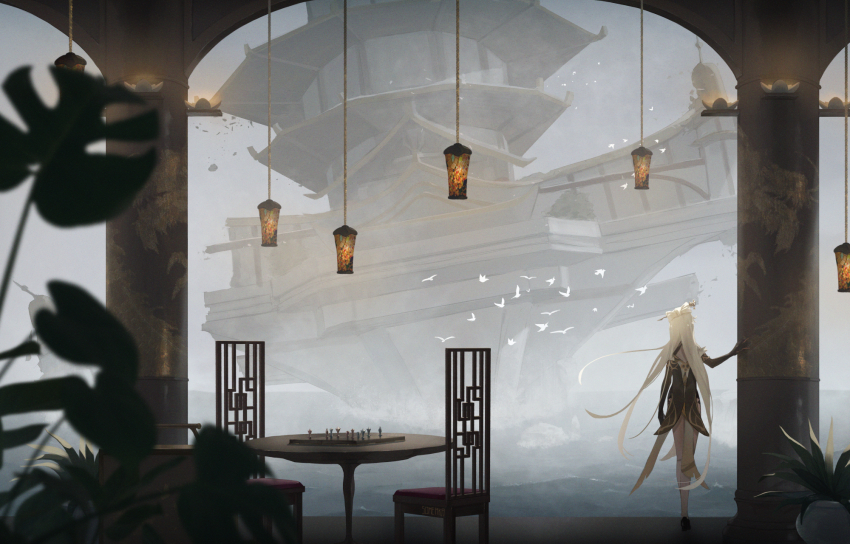 1girl bird black_gloves blurry blurry_foreground board_game chair chess chess_piece chessboard china_dress chinese_clothes claw_ring column commentary_request dress elbow_gloves facing_away flock fog from_behind genshin_impact gloves hair_bun hair_ornament hair_stick hanging_light highres jade_chamber_(genshin_impact) long_hair ningguang_(genshin_impact) overcast pillar plant potted_plant round_table scenery single_hair_bun sky solo someaka standing table vase very_long_hair water waves white_hair
