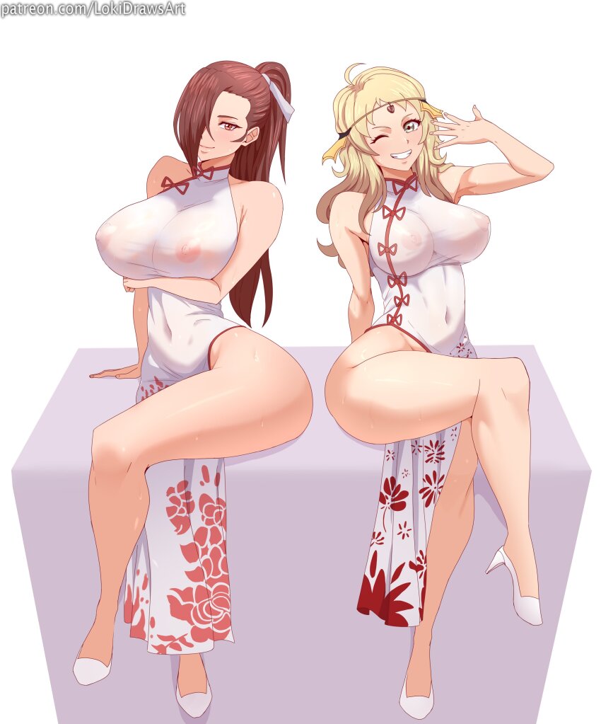 2girls absurdres alternate_costume breasts brown_eyes brown_hair chinese_clothes colored_eyelashes commission covered_erect_nipples fire_emblem fire_emblem_fates grey_eyes hair_over_one_eye highres hitodama kagero_(fire_emblem) lokidrawsart multiple_girls nintendo ophelia_(fire_emblem)