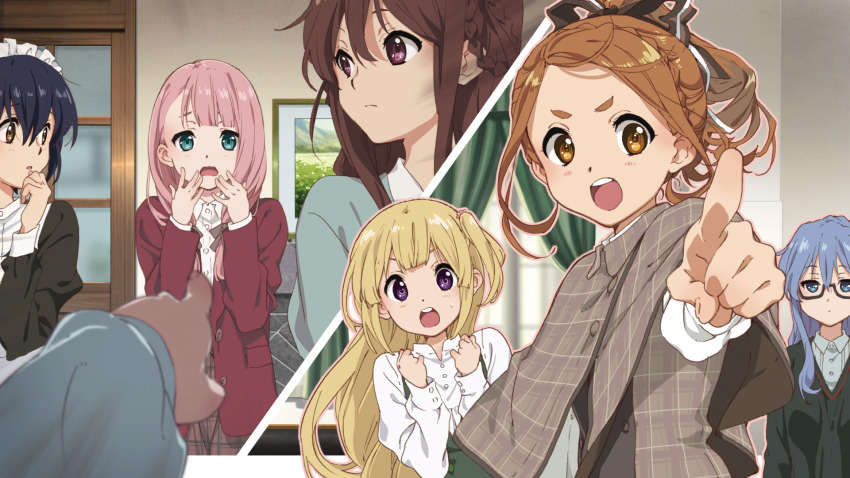 22/7 22/7_ongaku_no_jikan 6+girls alternate_costume black-framed_eyewear blonde_hair blue_eyes blue_hair bow braid braided_hair_rings brown_capelet brown_eyes brown_hair capelet center-flap_bangs enmaided fujima_sakura game_cg green_eyes hair_between_eyes hair_bow hair_ornament hair_ribbon hair_rings high_ponytail highres horiguchi_yukiko indoors jacket kamiki_mikami kono_miyako light_blue_hair long_hair long_sleeves maid maid_headdress maruyama_akane multiple_girls multiple_views non-web_source official_art open_mouth pink_hair pointing pointing_at_another ponytail purple_eyes rectangular_eyewear red_jacket ribbon semi-rimless_eyewear shirt short_hair sidelocks single_braid single_hair_ring single_sidelock tachikawa_ayaka takigawa_miu teeth twin_braids under-rim_eyewear upper_body upper_teeth_only wavy_hair white_shirt