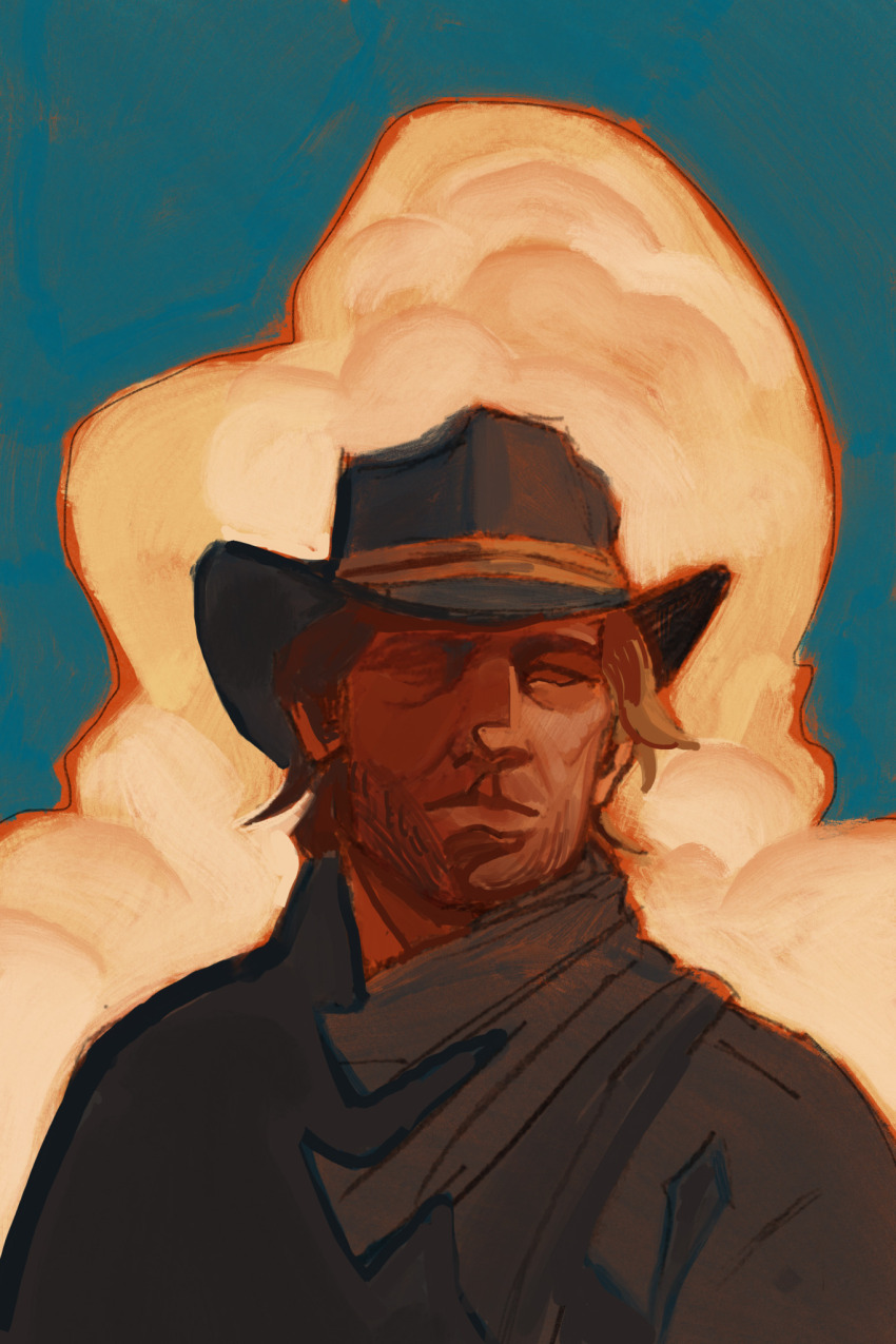1boy arthur_morgan beard cowboy facial_hair ghostember golden_hour highres looking_at_viewer red_dead_redemption_(series) red_dead_redemption_2 solo western