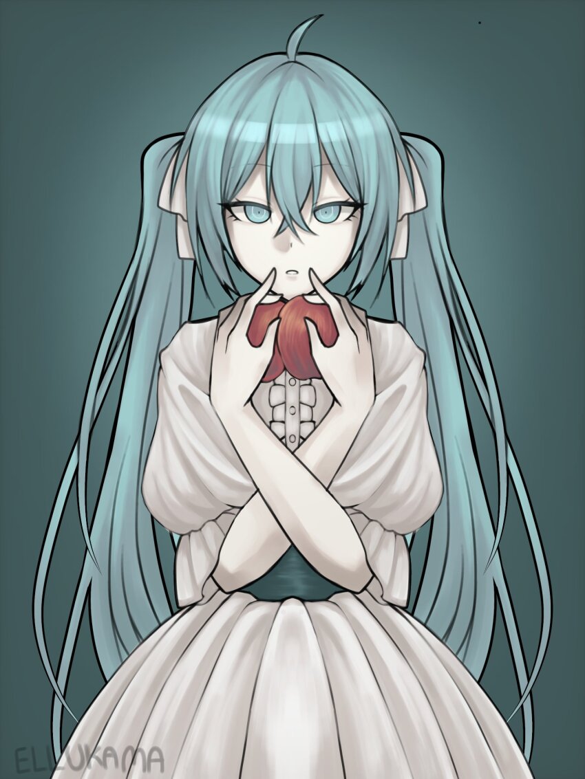 1girl ahoge apple aqua_eyes aqua_hair aqua_sash colored_skin dress elluka_ma empty_eyes eve_moonlit evillious_nendaiki food frilled_dress frilled_sleeves frills fruit hair_ribbon hatsune_miku highres holding holding_food holding_fruit long_hair looking_at_viewer moonlit_bear_(vocaloid) pale_skin parted_lips ribbon ringed_eyes short_sleeves solo twintails very_long_hair vocaloid white_dress white_ribbon white_skin