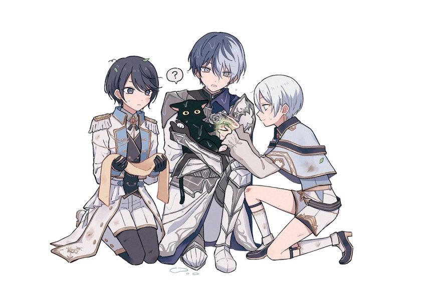 1boy 2girls ? animal aoyagi_touya armor b718293 bad_id bad_twitter_id black_cat black_gloves black_hair black_pantyhose black_vest blue_eyes blue_hair boots brooch capelet cat coat collared_shirt dirty dirty_clothes epaulettes frilled_sleeves frills full_body gauntlets gem gloves greaves grey_eyes hair_between_eyes healing_animal highres holding holding_animal hoshino_ichika_(project_sekai) inactive_account jewelry kneeling lapels leaf leaf_on_head long_sleeves looking_at_animal magic mole mole_under_eye multicolored_hair multiple_girls never_give_up_cooking!_(project_sekai) official_alternate_costume official_alternate_hair_length official_alternate_hairstyle on_one_knee pantyhose project_sekai red_gemstone relax_teatime_(project_sekai) seiza shirt short_hair shorts shoulder_armor sitting spoken_question_mark sweat swept_bangs two-tone_hair vest wet wet_clothes wet_hair white_armor white_background white_boots white_capelet white_coat white_hair white_shirt white_shorts yoisaki_kanade