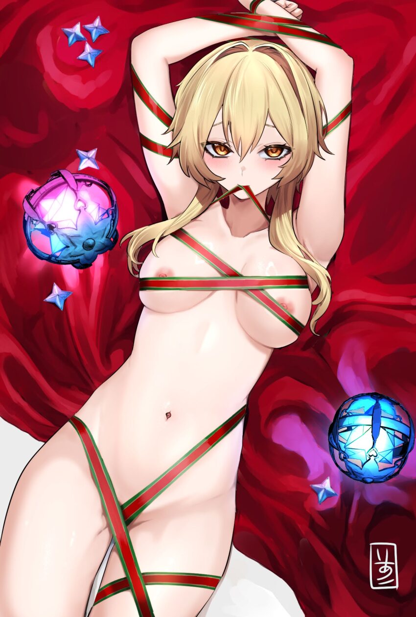 1girl acquaint_fate areola_slip arms_up blonde_hair blush bound breasts christmas commentary_request cowboy_shot genshin_impact hair_between_eyes highres intertwined_fate kaga_haru looking_at_viewer lumine_(genshin_impact) lying medium_breasts mouth_hold naked_ribbon navel nipple_slip nipples nude on_back orange_eyes primogem red_ribbon ribbon short_hair_with_long_locks signature solo