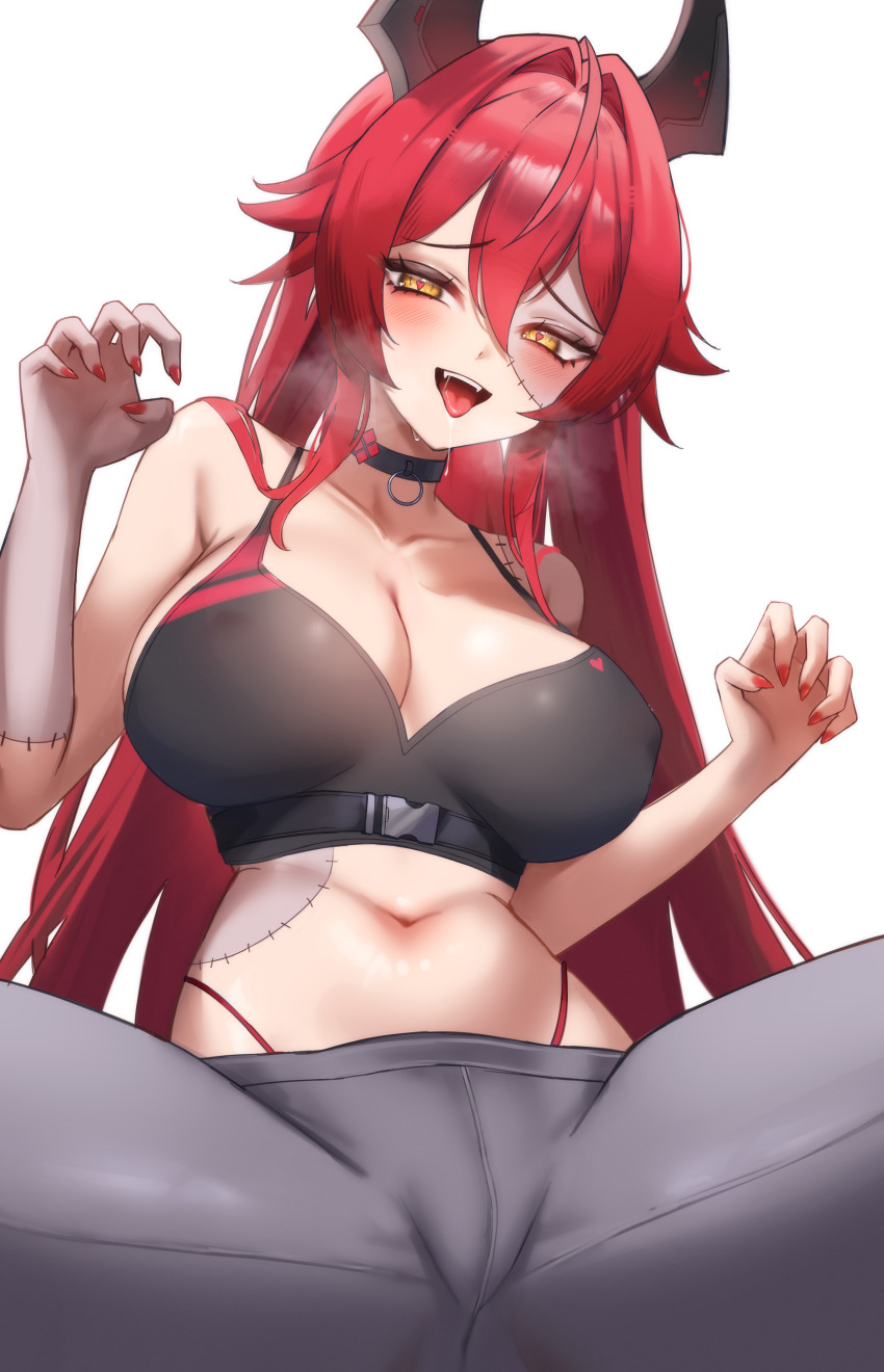 1girl absurdres ahoge alternate_costume bare_shoulders black_choker black_sports_bra blush breasts buckle choker claw_pose cleavage collarbone commentary_request covered_erect_nipples double-parted_bangs fangs fingernails goddess_of_victory:_nikke grey_pants hair_between_eyes hair_flaps hair_intakes halloween_costume heart heart-shaped_pupils highleg highleg_panties highres horns large_breasts long_fingernails long_hair looking_at_viewer maviss_03 mechanical_horns midriff navel open_mouth paid_reward_available panties pants red_hair red_hood_(nikke) red_nails saliva sidelocks simple_background sitting snap-fit_buckle solo sports_bra spread_legs steam stitched_arm stitched_face stitched_torso stitches symbol-shaped_pupils teeth tongue tongue_out underbust underwear upper_teeth_only variant_set very_long_hair white_background yellow_eyes