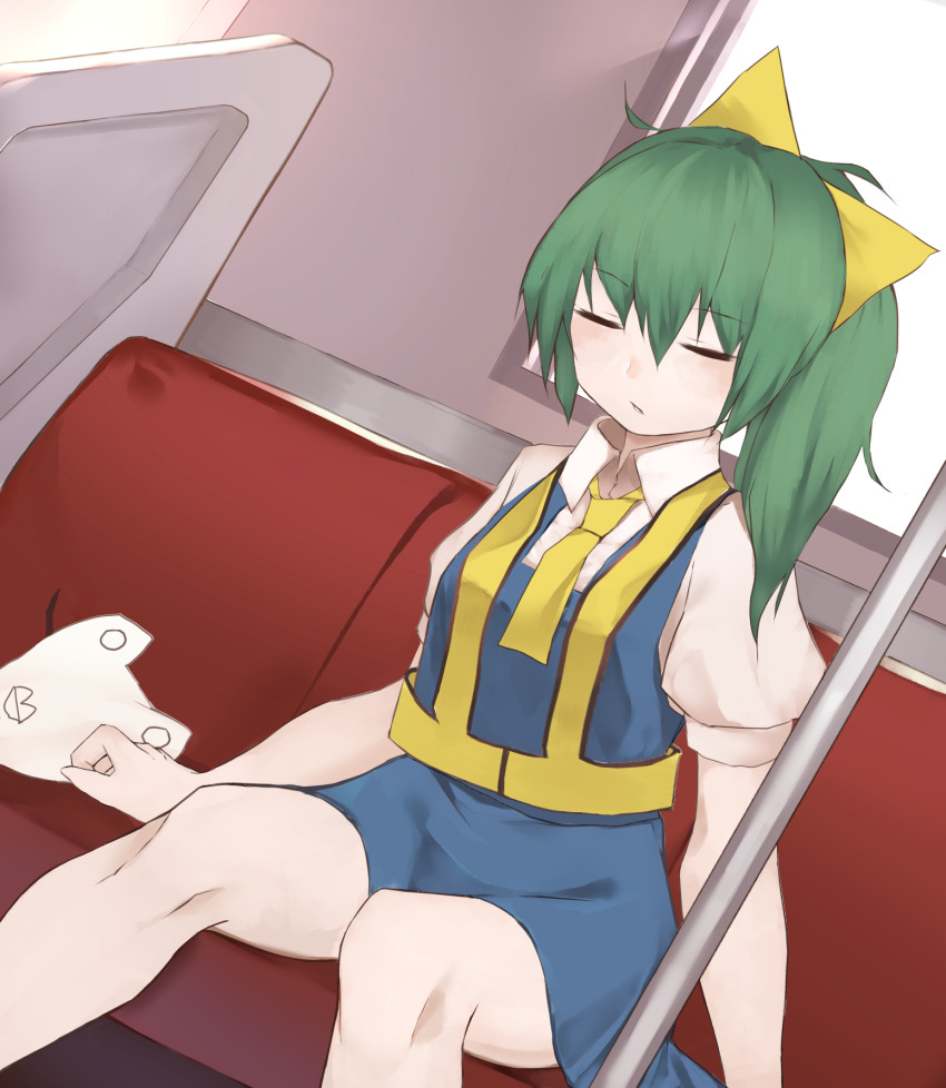 1girl blue_skirt blue_vest bow breasts closed_eyes collared_shirt commentary_request cookie_(touhou) daiyousei diyusi_(cookie) dutch_angle expressionless feet_out_of_frame green_hair hair_bow hide_(acceed) highres long_hair manatsu_no_yo_no_inmu medium_breasts necktie open_mouth ponytail puffy_short_sleeves puffy_sleeves rizeass shirt short_sleeves sitting skirt touhou train_interior vest white_shirt yellow_bow yellow_necktie