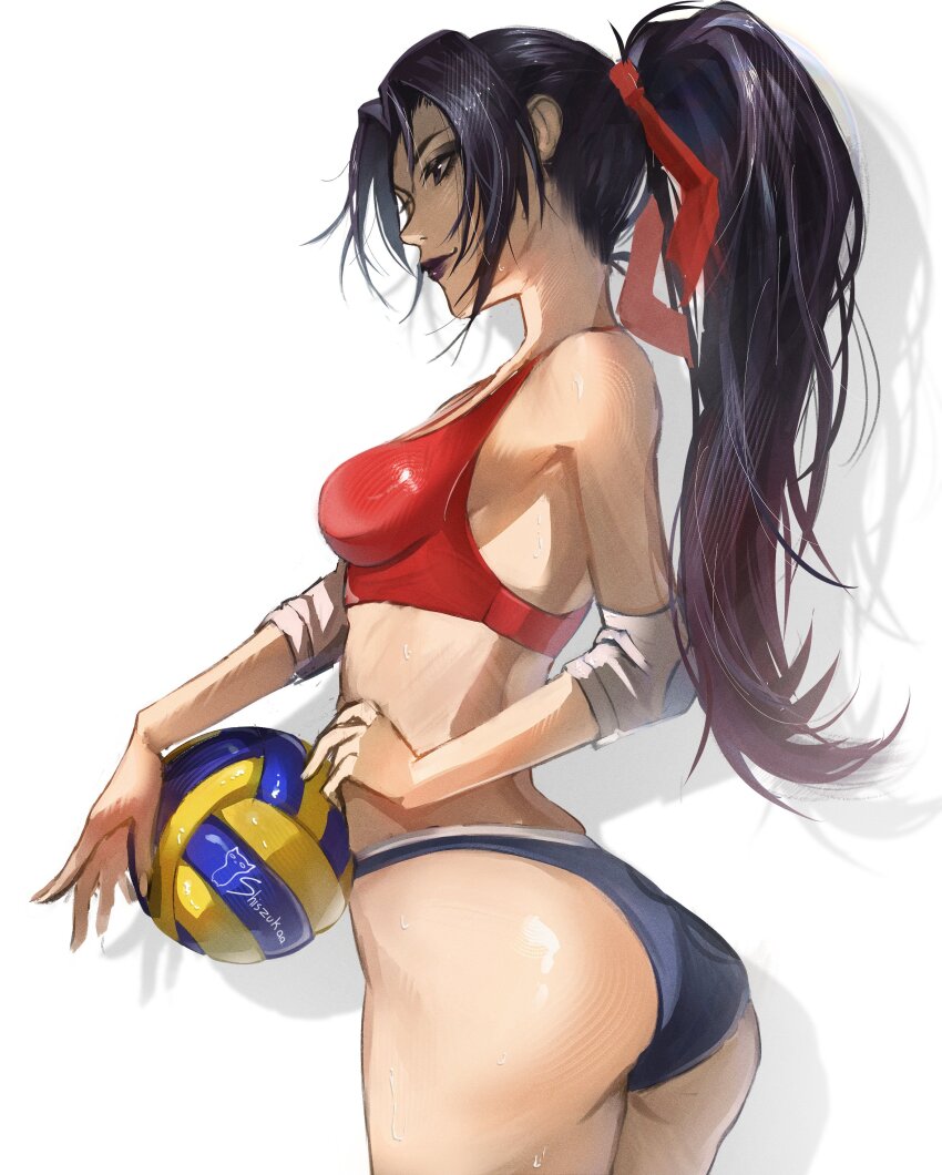 1girl absurdres ass ball bikini black_hair blush bra breasts curvy elbow_pads high_ponytail highleg highleg_bikini highres large_breasts long_hair marvel marvel_rivals ponytail psylocke shiny_skin shirt shiszukaa simple_background sleeveless sleeveless_shirt smile sportswear standing sweat swimsuit thong thong_bikini underwear volleyball volleyball_uniform white_background wide_hips x-men