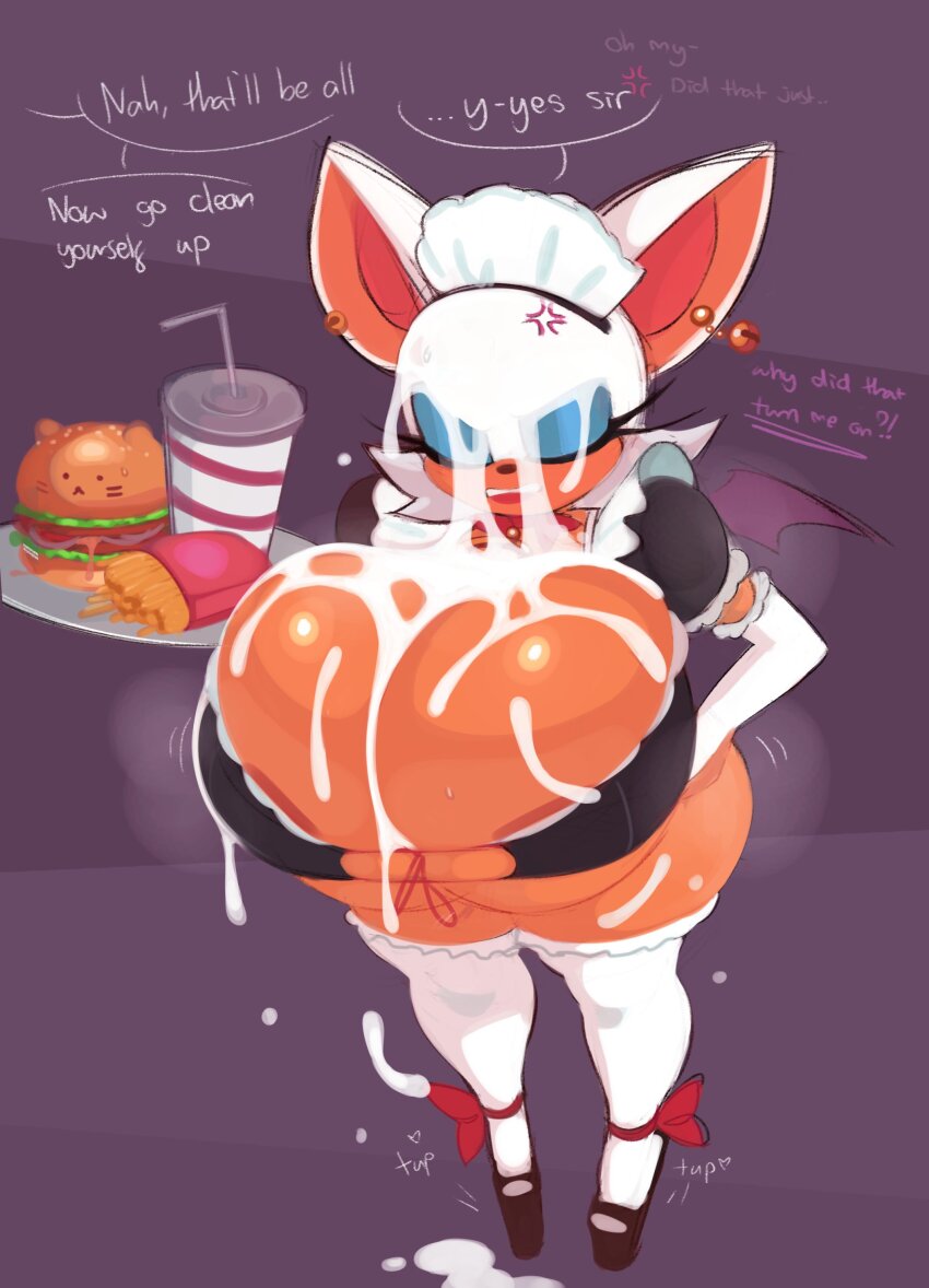 ! 1girl :&lt; ? absurdres anger_vein animal_ears annoyed areola_slip bat_ears bat_girl bat_wings bikini blue_eyeshadow bow breasts burger cat_ears cleavage clenched_teeth closed_eyes closed_mouth cum cum_on_body cum_on_breasts cum_on_clothes cum_on_floor cum_on_legs cum_on_upper_body cumdrip earrings elbow_gloves english_text excessive_cum eyelashes eyeshadow facial fangs food french_fries furry furry_female gloves green_eyes heart high_heels highres huge_breasts impossible_clothes jewelry lipstick long_eyelashes maid maid_bikini maid_headdress makeup mascara motion_lines nose nsfwskully onion open_mouth piercing plate projectile_cum purple_background purple_wings red_bow red_lips ring rouge_the_bat salad shiny_skin solo sonic_(series) sound_effects speech_bubble standing steam sweat sweatdrop swimsuit talking tan teeth thighhighs thighs thought_bubble tomato unconventional_maid whiskers white_fur white_gloves white_thighhighs wide_hips wings zetaskully