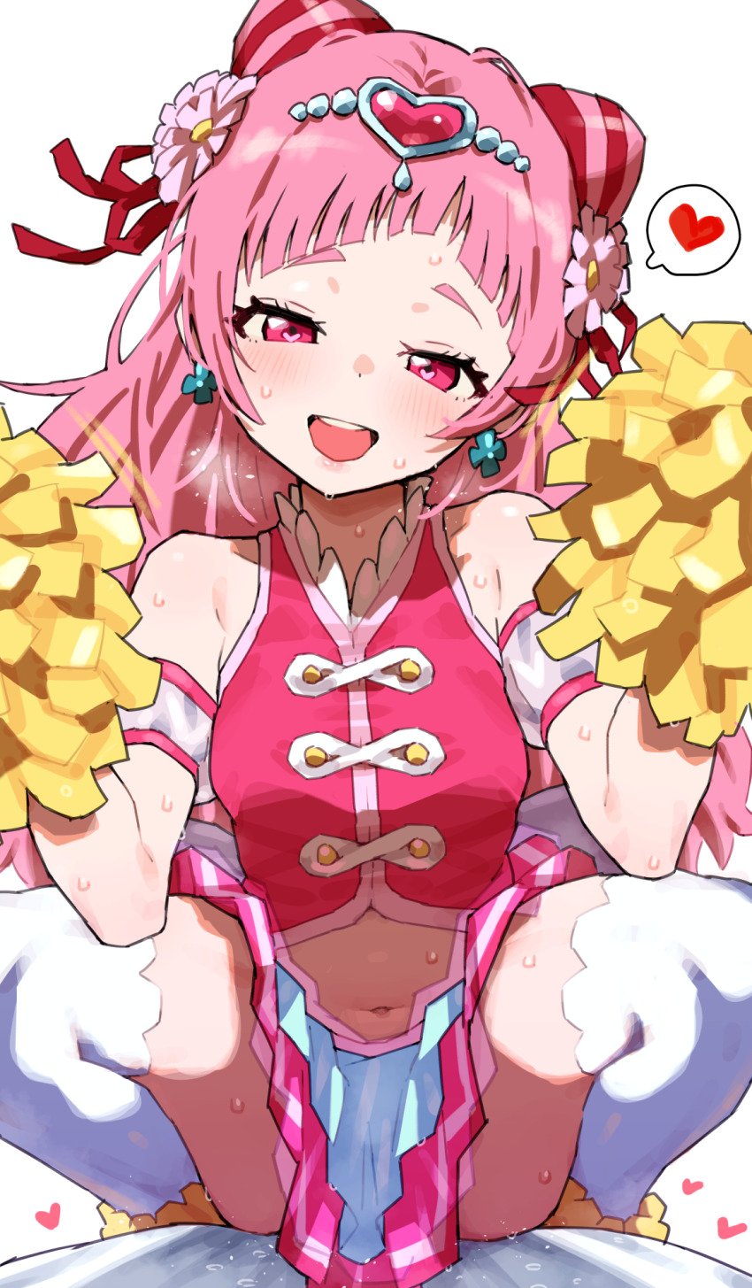 1girl arched_bangs armband blunt_bangs cone_hair_bun cure_yell double_bun earrings flower flower_earrings hair_bun hair_flower hair_ornament hair_ribbon heart heart_in_eye highres hugtto!_precure jewelry light_blush long_hair looking_at_viewer magical_girl mo_(boo1719501boo) motion_lines navel nono_hana open_mouth pink_armband pink_flower pink_hair pink_shirt pink_skirt pleated_skirt pom_pom_(cheerleading) precure red_ribbon ribbon shirt sidelocks skirt sleeveless sleeveless_shirt smile solo speech_bubble spoken_heart squatting stomach sweat symbol_in_eye teeth thighhighs two-tone_armband two-tone_skirt upper_teeth_only white_armband white_background white_skirt white_thighhighs
