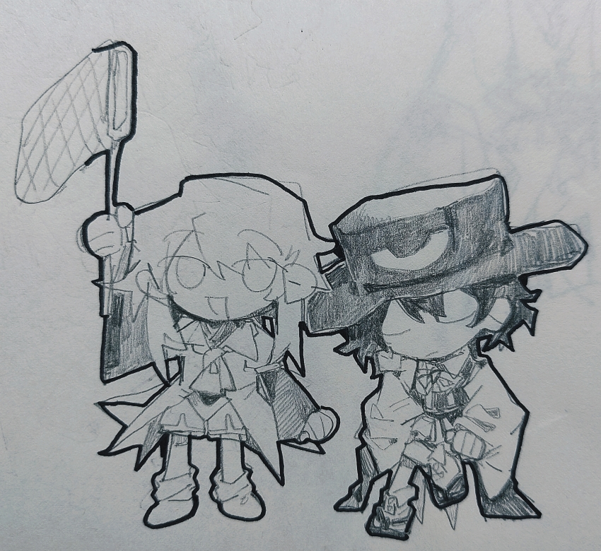 2others aaayamitsu absurdres androgynous ascot butterfly_net chibi chinese_commentary closed_eyes closed_mouth collared_shirt commentary_request detached_sleeves enraku_tsubakura geta graphite_(medium) greyscale hand_net hat highres holding holding_butterfly_net houlen_yabusame invisible_chair layered_sleeves len&#039;en long_sleeves monochrome multiple_others no_nose open_mouth other_focus puffy_short_sleeves puffy_sleeves shirt short_over_long_sleeves short_sleeves shorts simple_background sitting sketch sleeveless sleeveless_shirt smile socks traditional_media white_background wide_sleeves