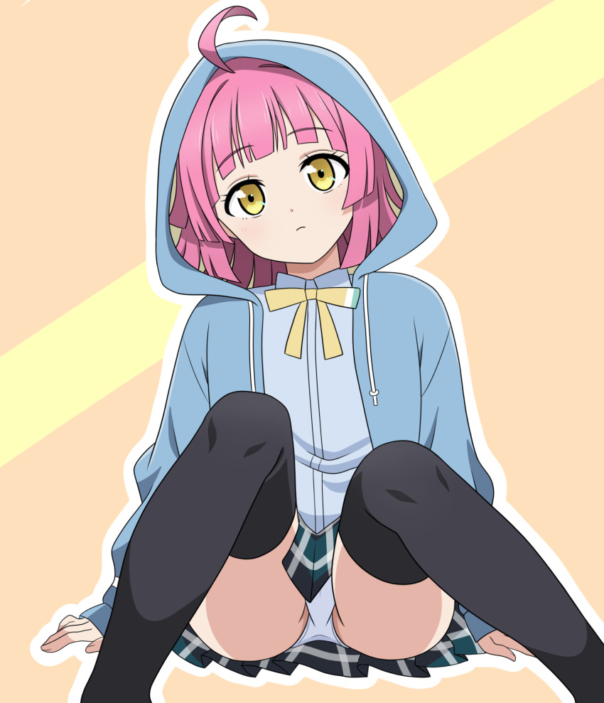 1girl ahoge arm_support black_skirt black_thighhighs blue_jacket blue_shirt closed_mouth commentary_request dot_nose feet_out_of_frame gingham highres hood hood_up hooded_jacket jacket light_frown looking_at_viewer love_live! love_live!_nijigasaki_high_school_idol_club m_legs miniskirt neck_ribbon open_clothes open_jacket outline panties pantyshot pink_hair ribbon shirt short_hair sitting skirt solo spread_legs straight-on take_zenni_chikuzenni tennoji_rina thighhighs two-tone_background underwear white_outline white_panties wispy_bangs yellow_eyes yellow_ribbon